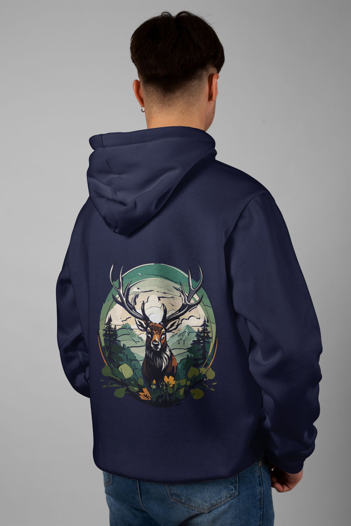 Zestia Unisex Hoodie, Geyik Sırt Baskılı, Regular,%100 Pamuk, Lacivert Renk Kapşonlu No: 0020