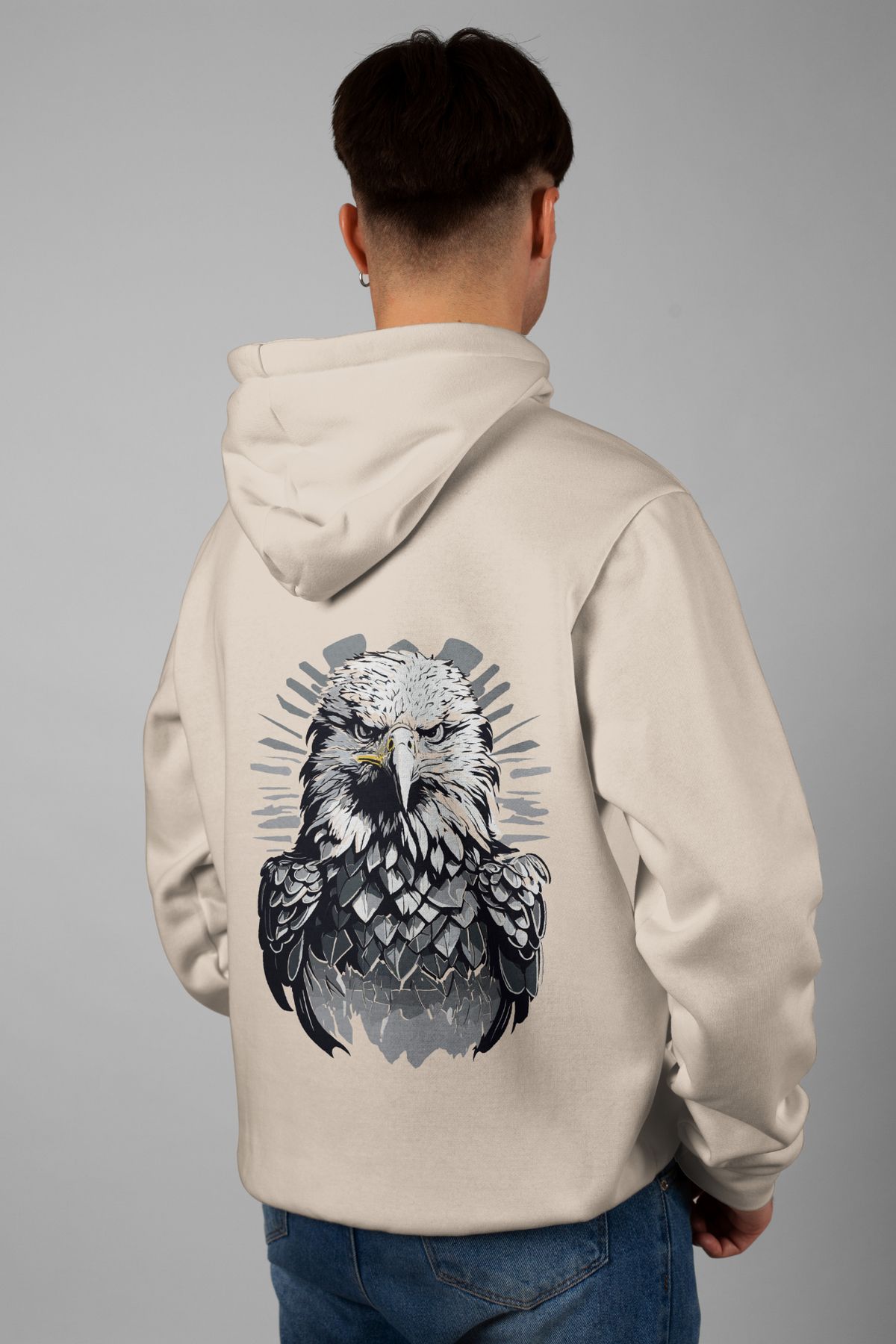 Zestia Unisex Hoodie, Kartal Sırt Baskılı, Regular,%100 Pamuk, Krem Renk Kapşonlu No: 0084