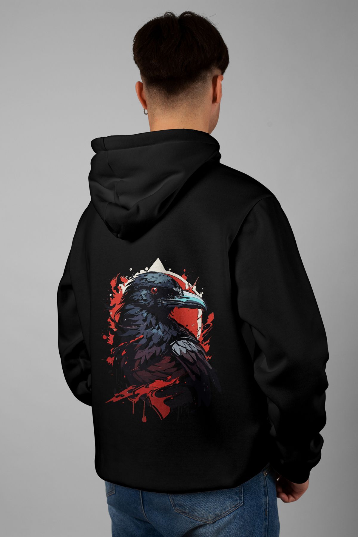 Zestia Unisex Hoodie, Karga Sırt Baskılı, Regular,%100 Pamuk, Siyah Renk Kapşonlu No: 0033