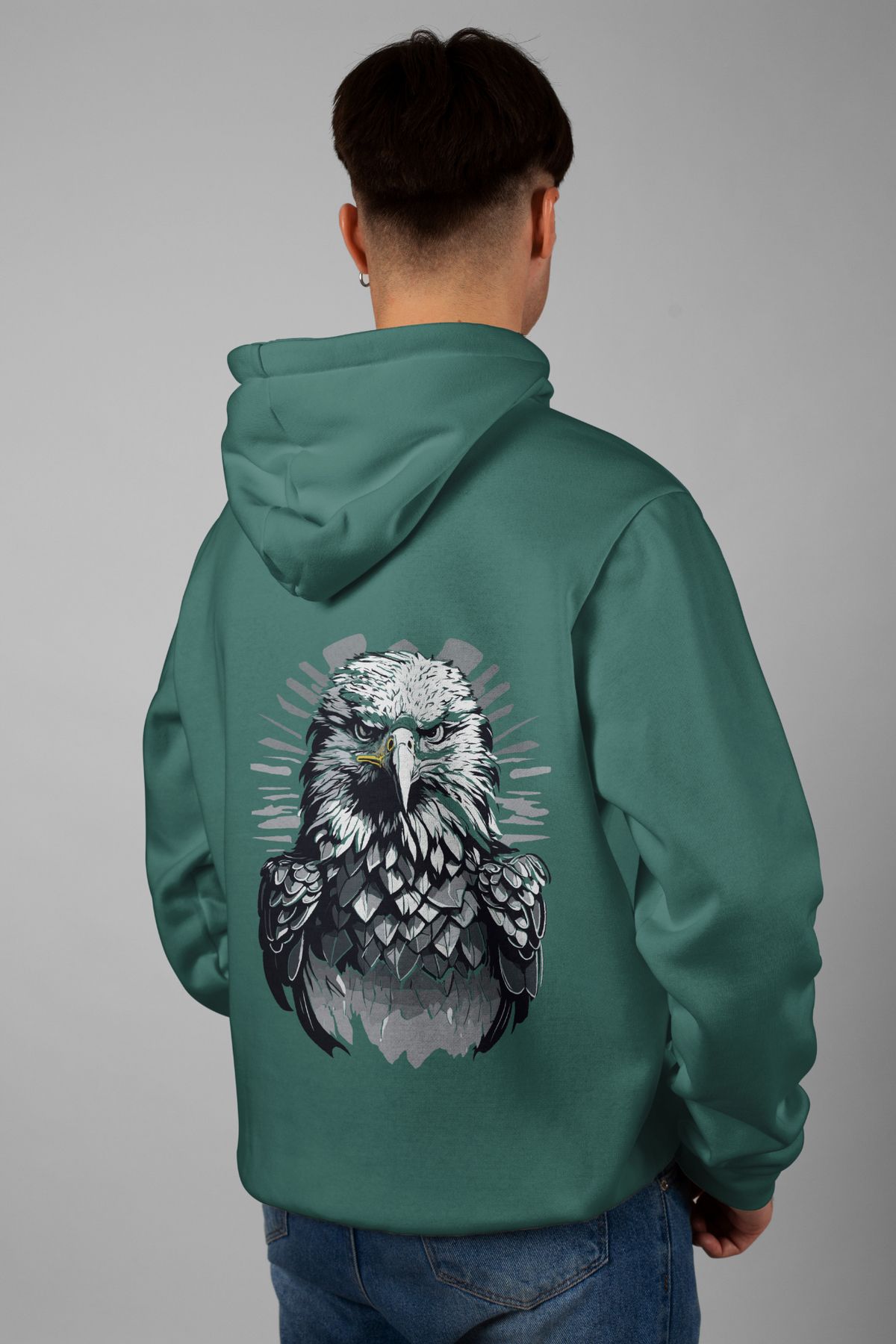 Zestia Unisex Hoodie, Kartal Sırt Baskılı, Regular,%100 Pamuk, Yeşil Renk Kapşonlu No: 0084