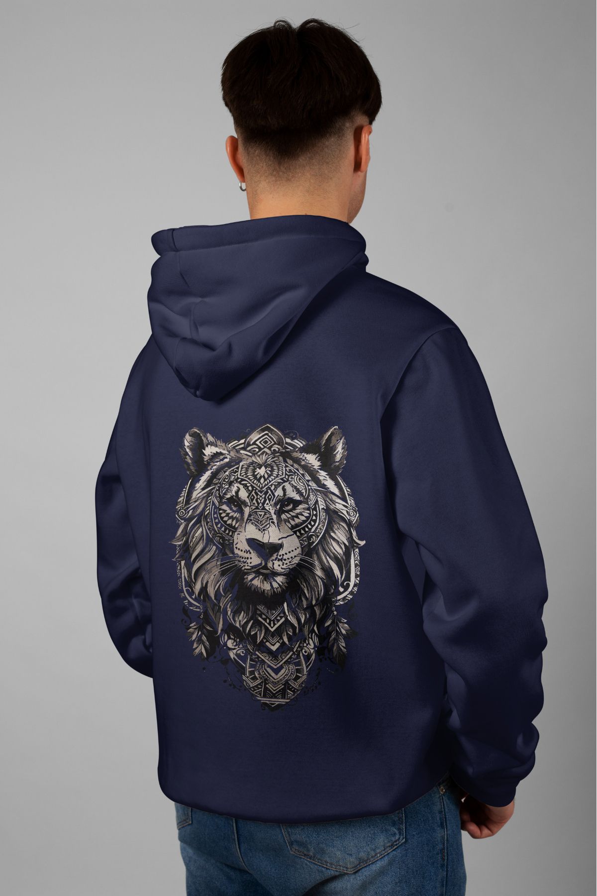 Zestia Unisex Hoodie, Aslan Sırt Baskılı, Regular,%100 Pamuk, Lacivert Renk Kapşonlu No: 0072