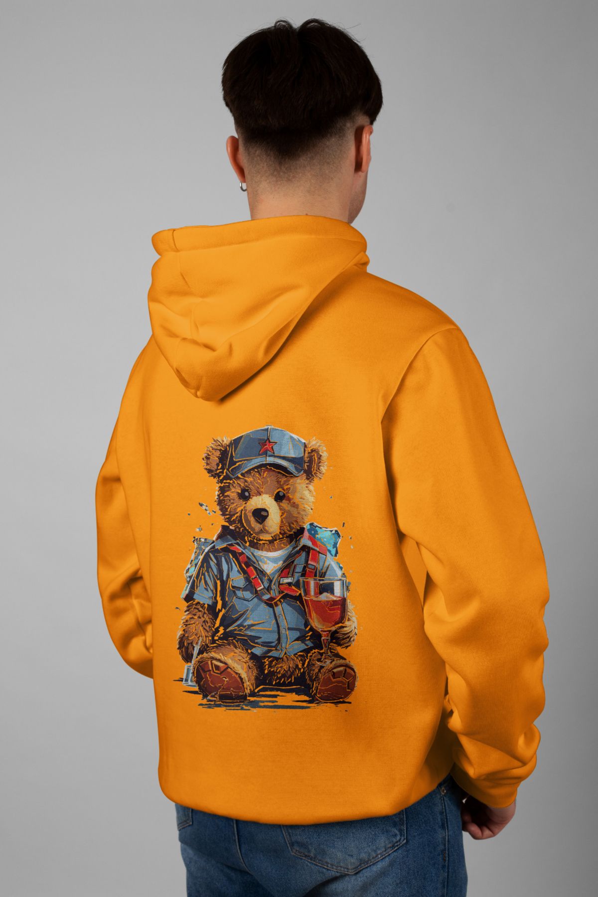 Zestia Unisex Hoodie, Ayı Teddy Sırt Baskılı, Regular,%100 Pamuk, Turuncu Renk Kapşonlu No: 0063