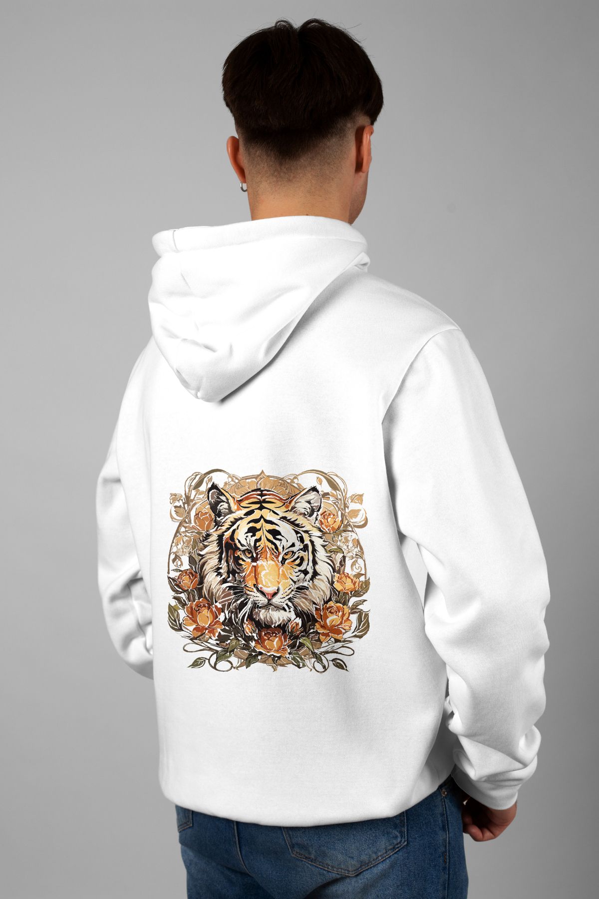 Zestia Unisex Hoodie, Leopar Sırt Baskılı, Regular,%100 Pamuk, Beyaz Renk Kapşonlu No: 0071