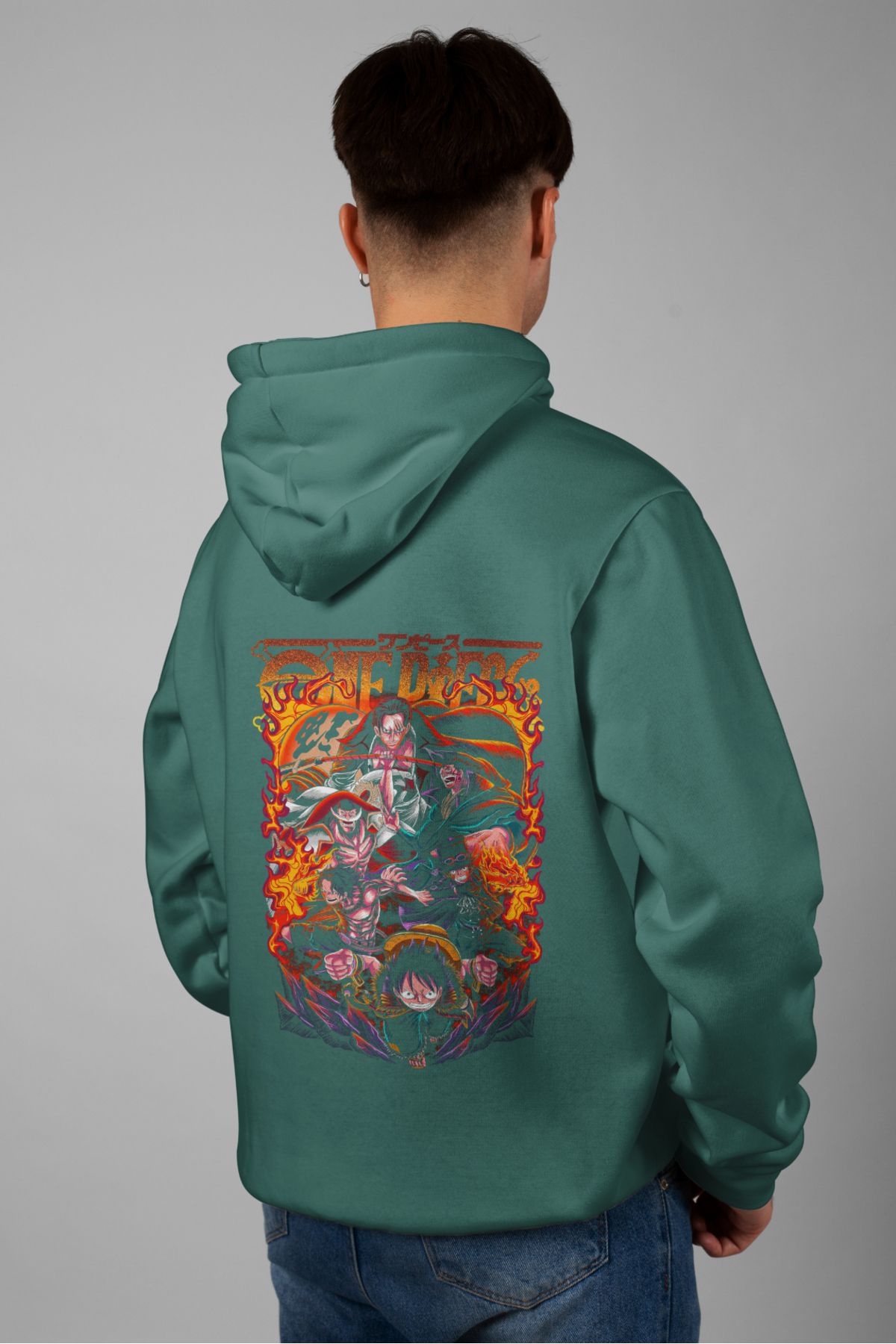 Zestia Unisex Hoodie, One Piece Sırt Baskılı, Regular,%100 Pamuk, Yeşil Renk Kapşonlu No: 0153