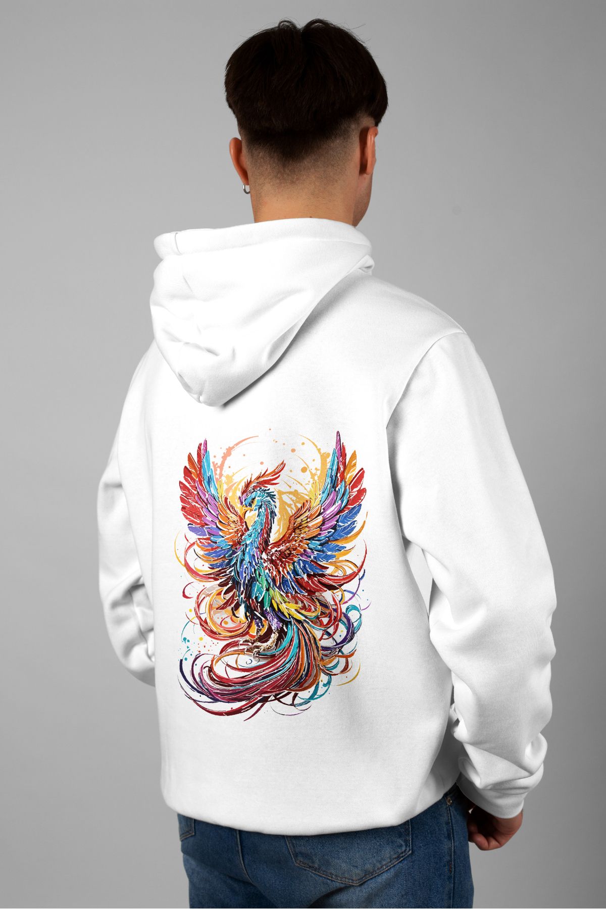 Zestia Unisex Hoodie, Anka kuşu Sırt Baskılı, Regular,%100 Pamuk, Beyaz Renk Kapşonlu No: 0031