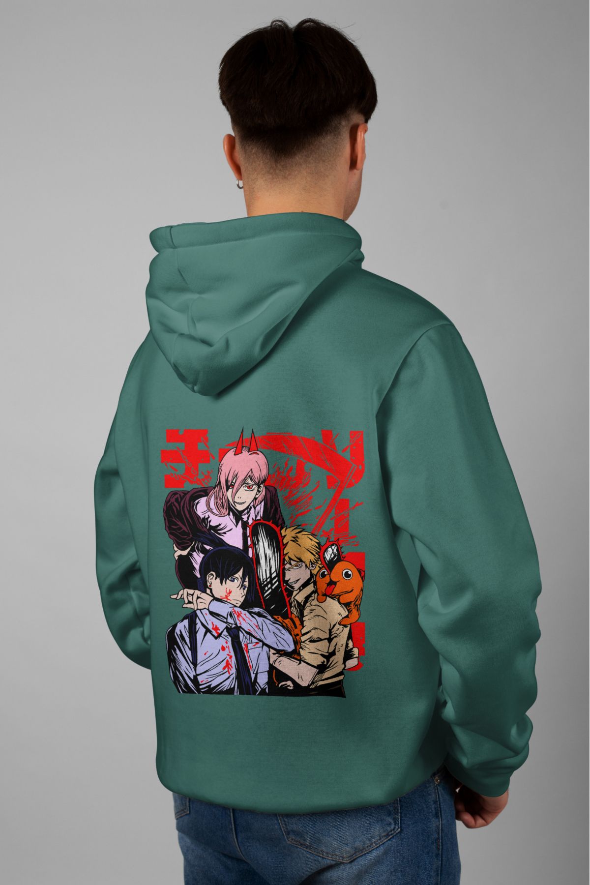 Zestia Unisex Hoodie, aki denji power Sırt Baskılı, Regular,%100 Pamuk, Yeşil Renk Kapşonlu No: 0164