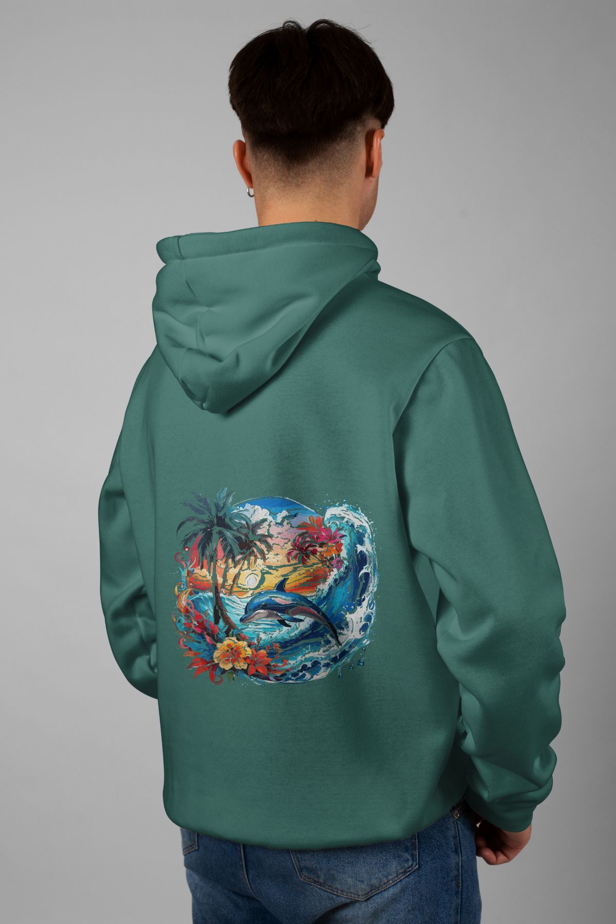 Zestia Unisex Hoodie, Yunus Sırt Baskılı, Regular,%100 Pamuk, Yeşil Renk Kapşonlu No: 0036