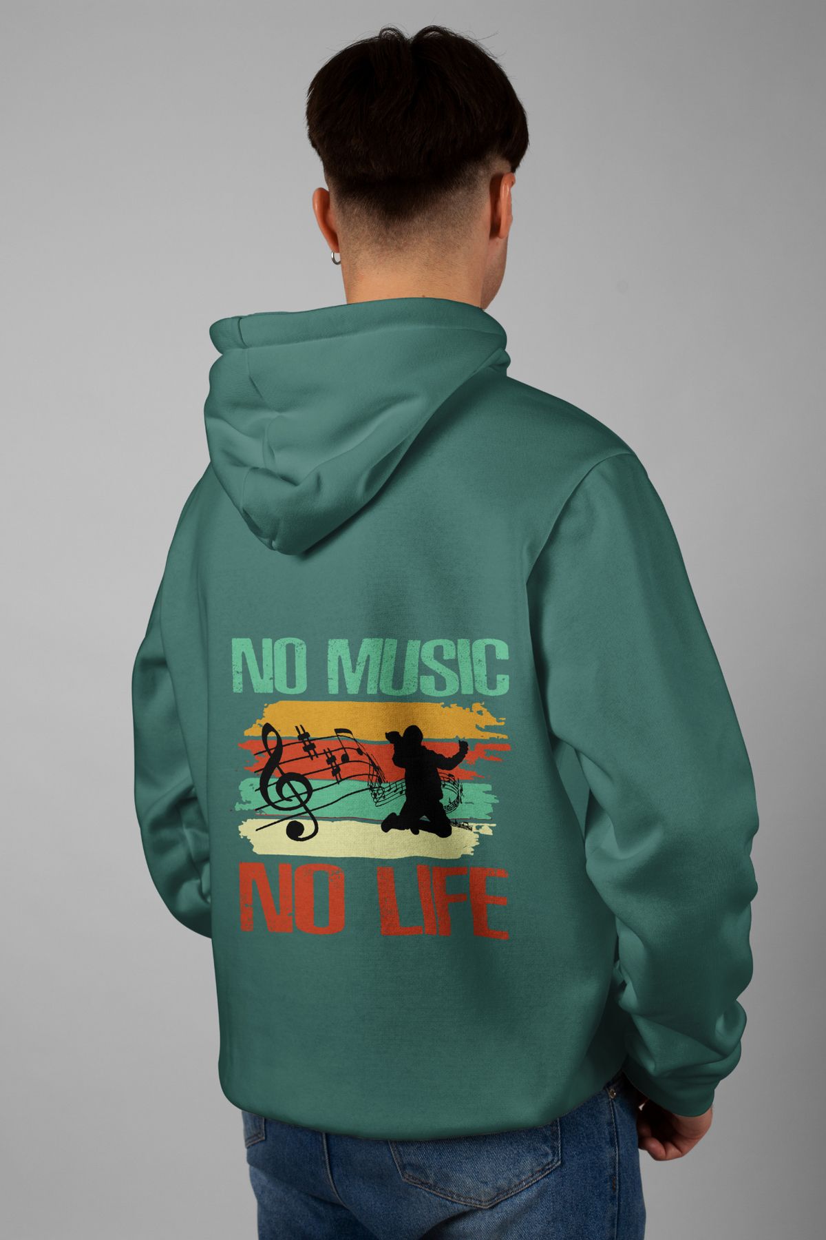 Zestia Unisex Hoodie, No Music No Life Sırt Baskılı, Regular,%100 Pamuk, Yeşil Renk Kapşonlu No: 0294