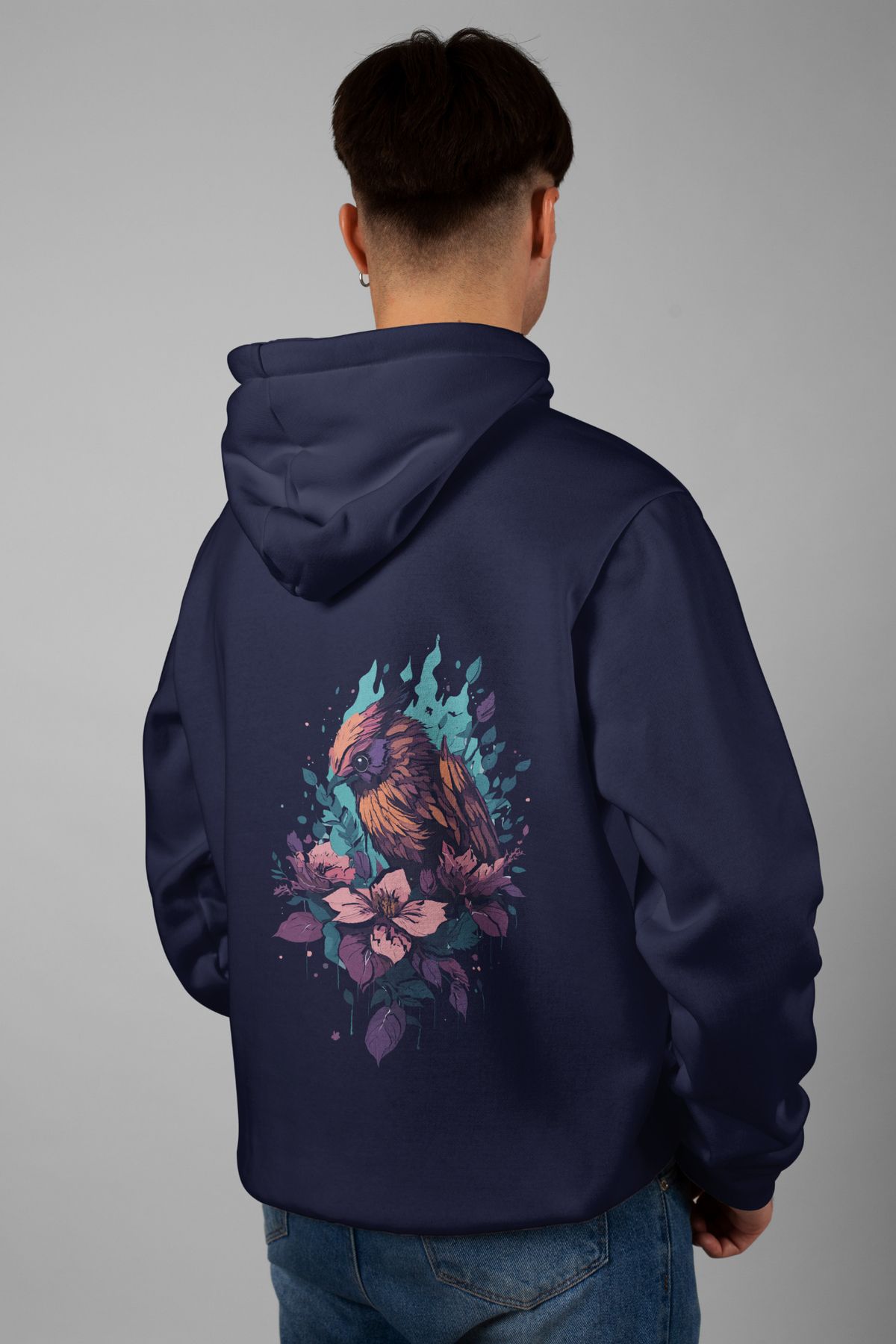 Zestia Unisex Hoodie, Serçe Sırt Baskılı, Regular,%100 Pamuk, Lacivert Renk Kapşonlu No: 0019