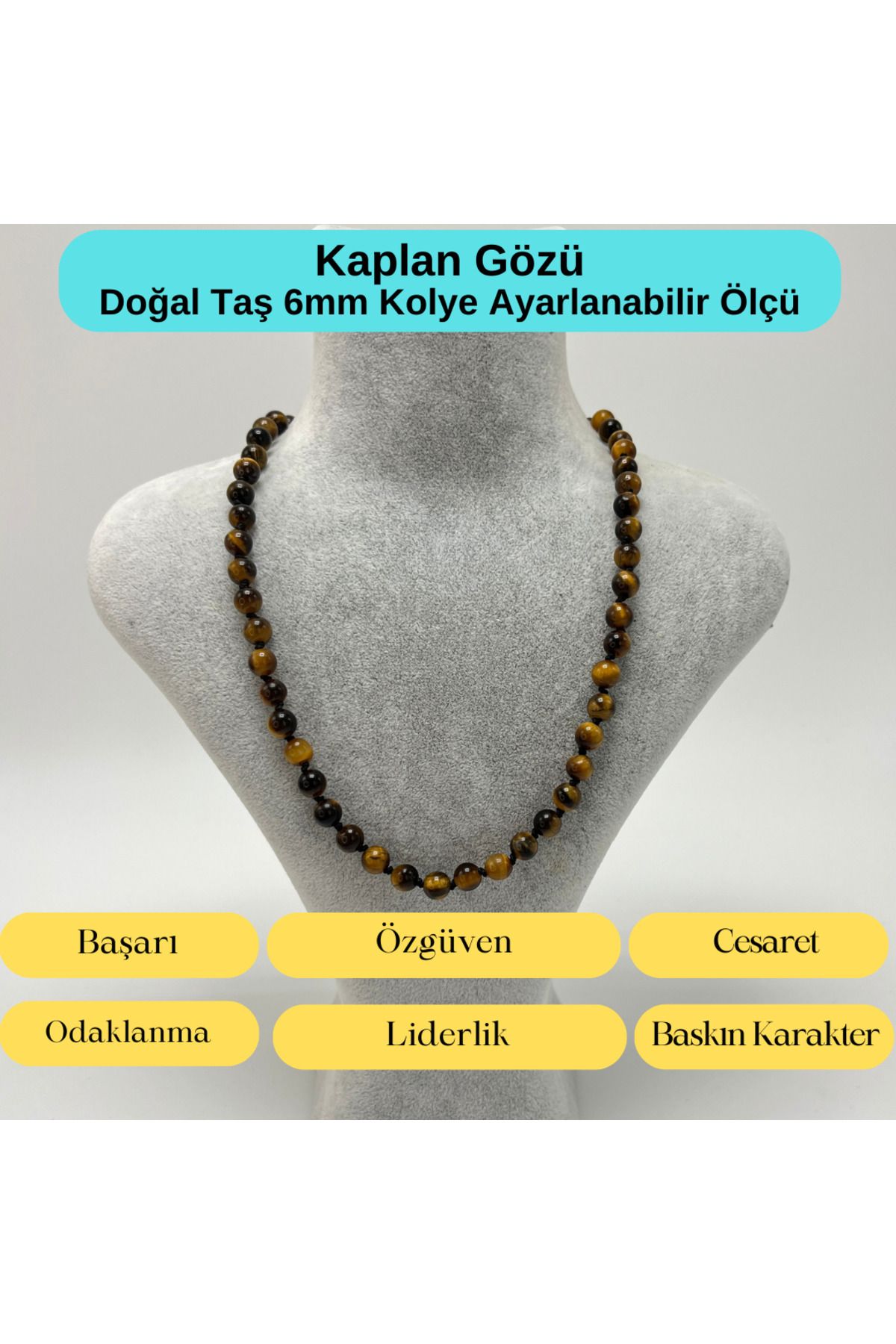 YILDIZ DOĞAL TAŞ SERTİFİKALI Kaplan Gözü Doğal Taş 6mm Makrome Kolye 45cm- 55cm Ayarlanabilir Ölçü