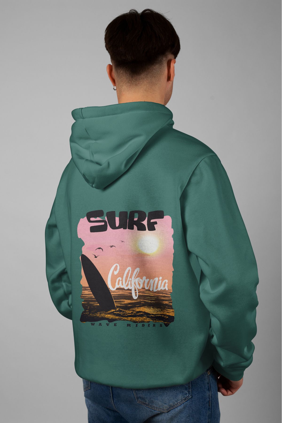 Zestia Unisex Hoodie, Surf California Sırt Baskılı, Regular,%100 Pamuk, Yeşil Renk Kapşonlu No: 0275