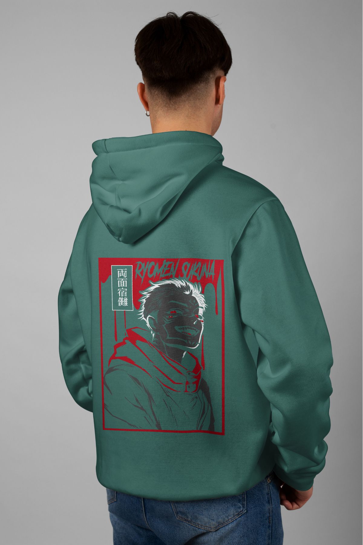 Zestia Unisex Hoodie, Sukuna Sırt Baskılı, Regular,%100 Pamuk, Yeşil Renk Kapşonlu No: 0133