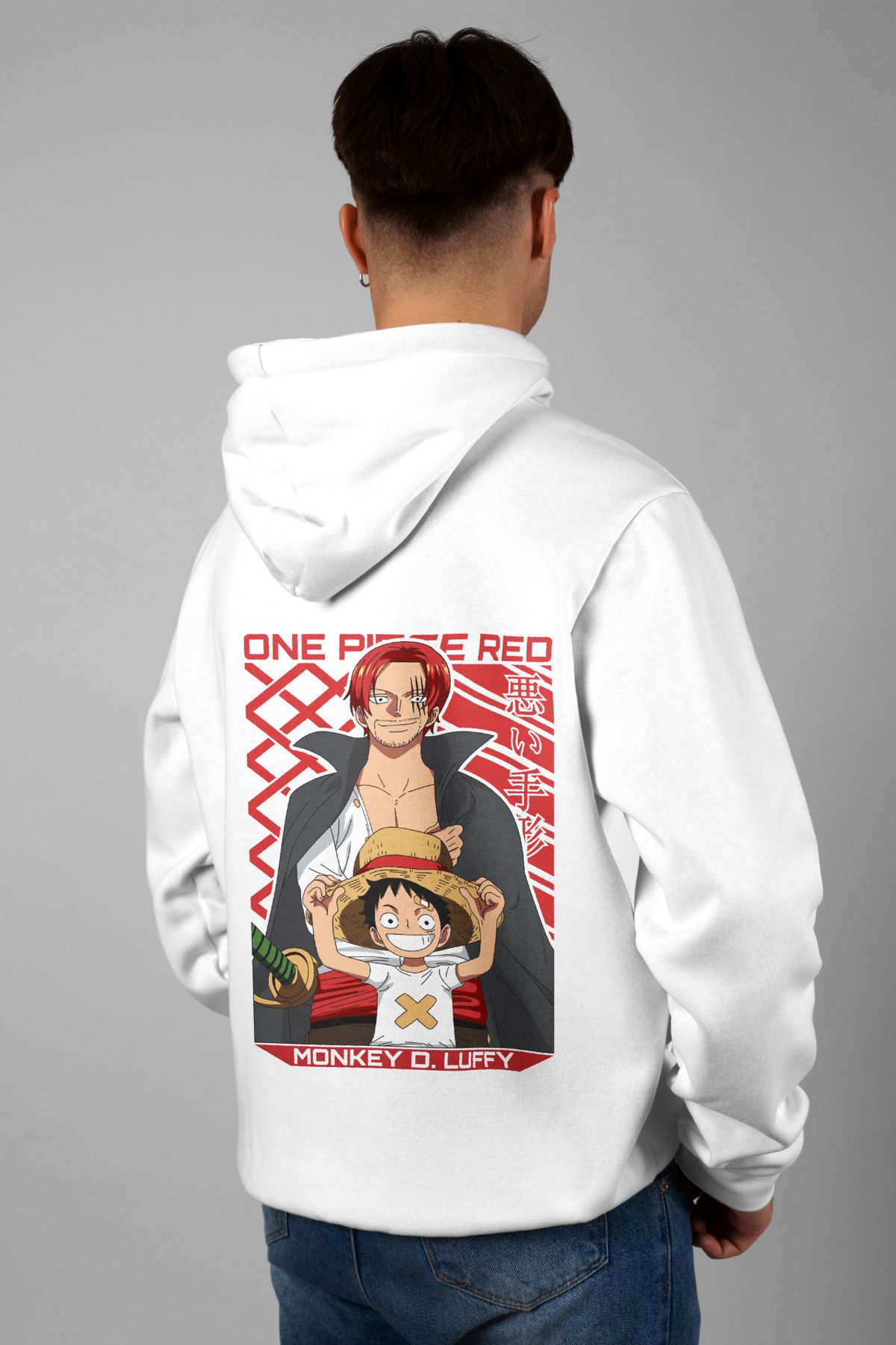 Zestia Unisex Hoodie, Monkey D. Luffy Sırt Baskılı, Regular,%100 Pamuk, Beyaz Renk Kapşonlu No: 0199