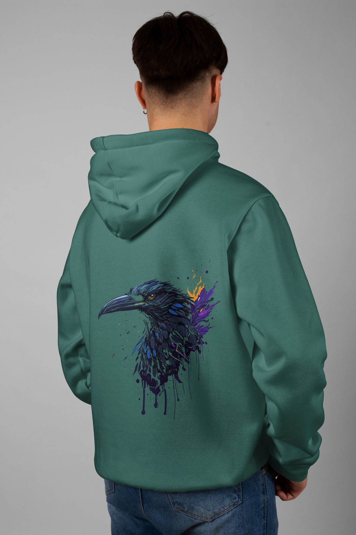 Zestia Unisex Hoodie, Karga Sırt Baskılı, Regular,%100 Pamuk, Yeşil Renk Kapşonlu No: 0041