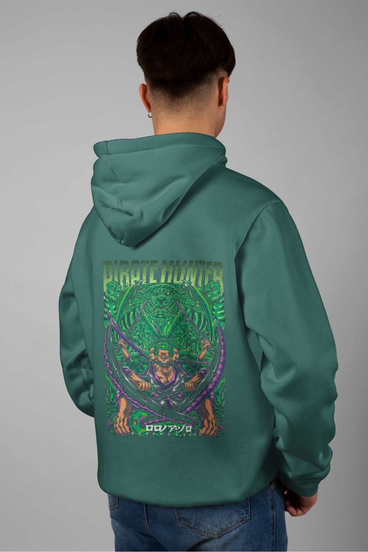 Zestia Unisex Hoodie, Pirate Hunter Zoro Sırt Baskılı, Regular,%100 Pamuk, Yeşil Renk Kapşonlu No: 0189