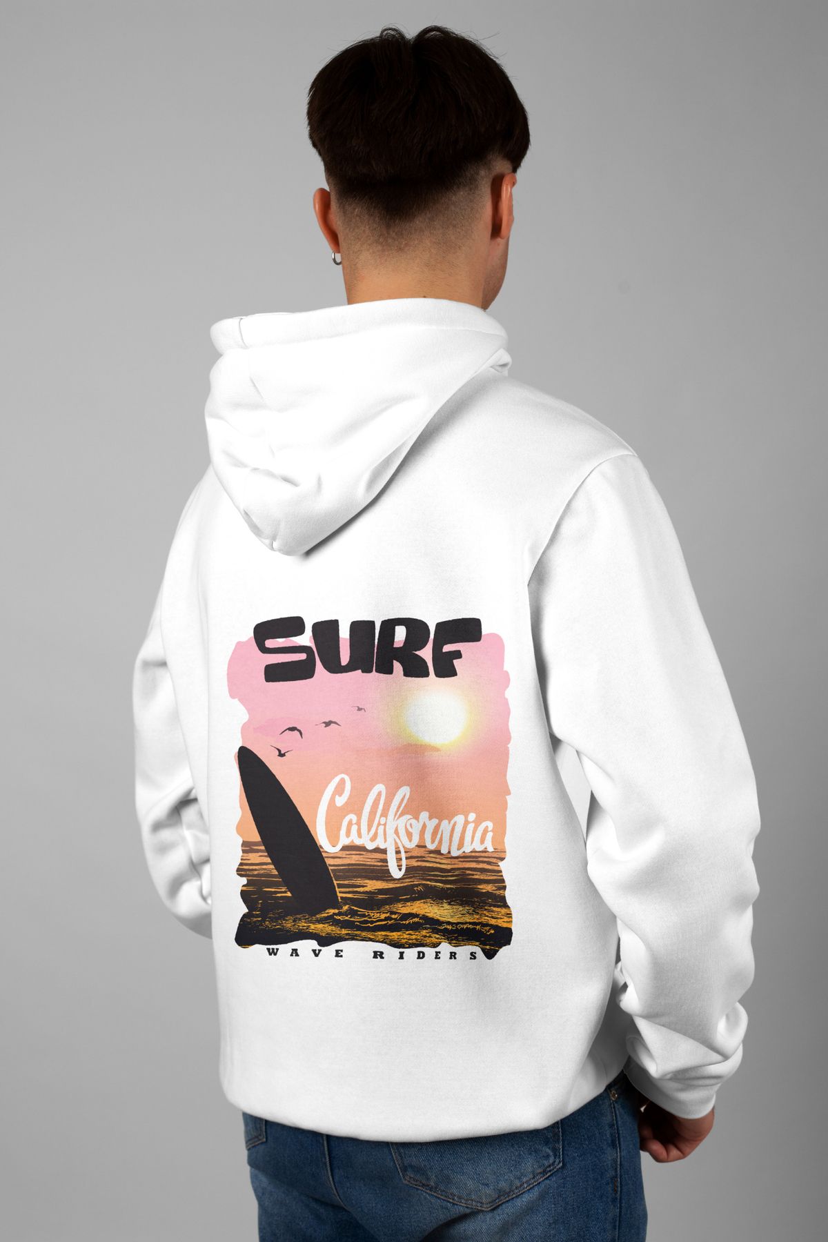 Zestia Unisex Hoodie, Surf California Sırt Baskılı, Regular,%100 Pamuk, Beyaz Renk Kapşonlu No: 0275