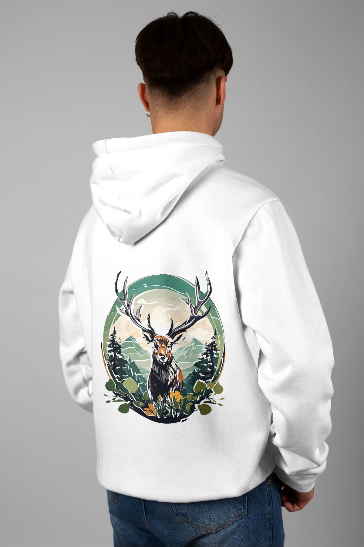 Zestia Unisex Hoodie, Geyik Sırt Baskılı, Regular,%100 Pamuk, Beyaz Renk Kapşonlu No: 0020