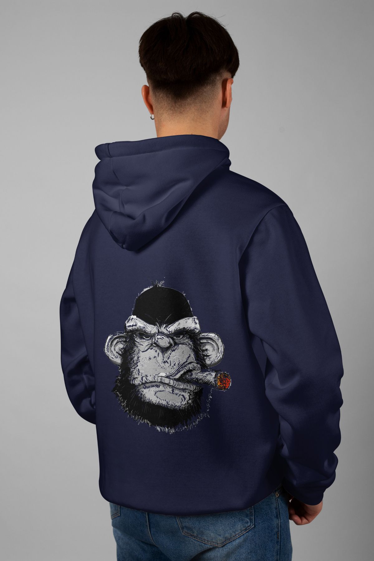 Zestia Unisex Hoodie, Goril Sırt Baskılı, Regular,%100 Pamuk, Lacivert Renk Kapşonlu No: 0008