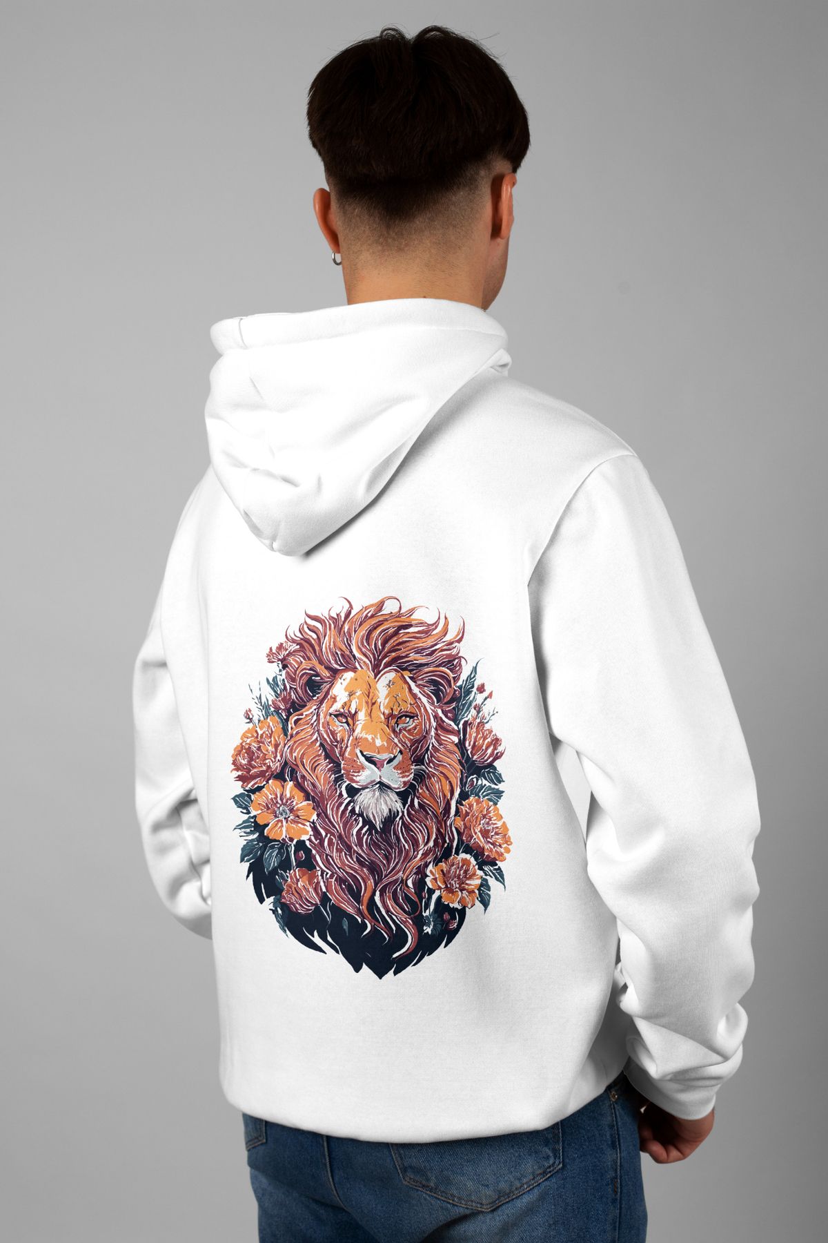 Zestia Unisex Hoodie, Aslan Sırt Baskılı, Regular,%100 Pamuk, Beyaz Renk Kapşonlu No: 0018