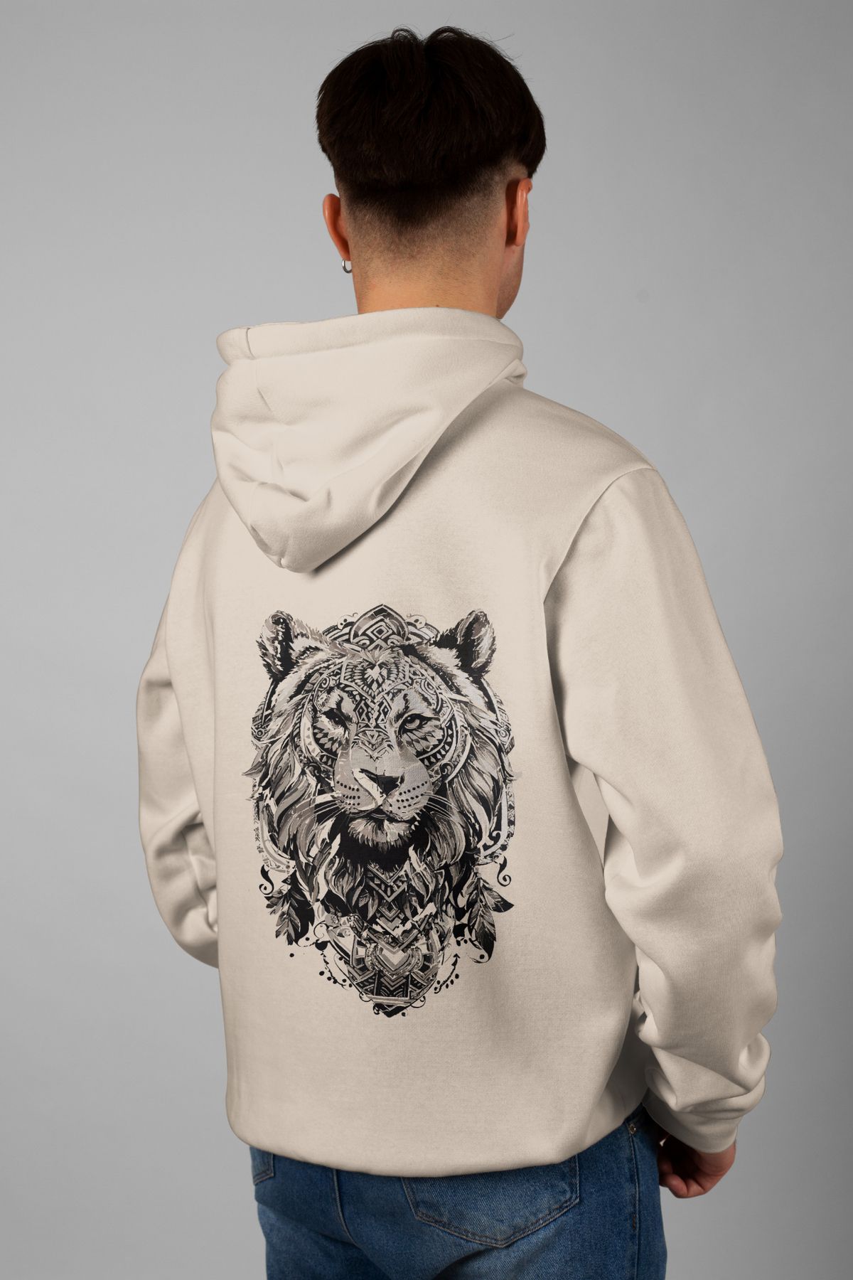 Zestia Unisex Hoodie, Aslan Sırt Baskılı, Regular,%100 Pamuk, Krem Renk Kapşonlu No: 0072