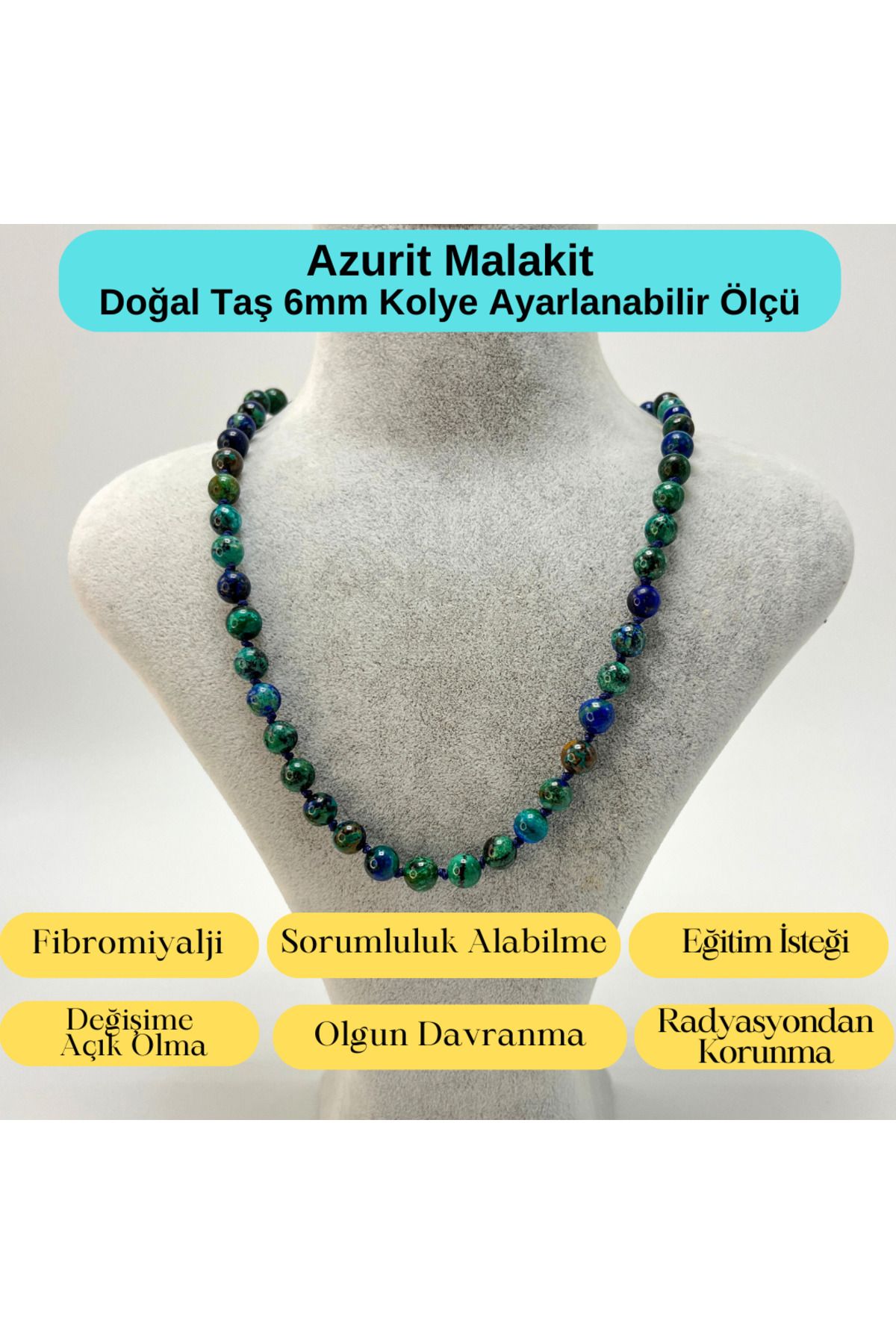 YILDIZ DOĞAL TAŞ SERTİFİKALI Azurit Malakit Doğal Taş 6mm Makrome Kolye 45cm- 55cm Ayarlanabilir Ölçü