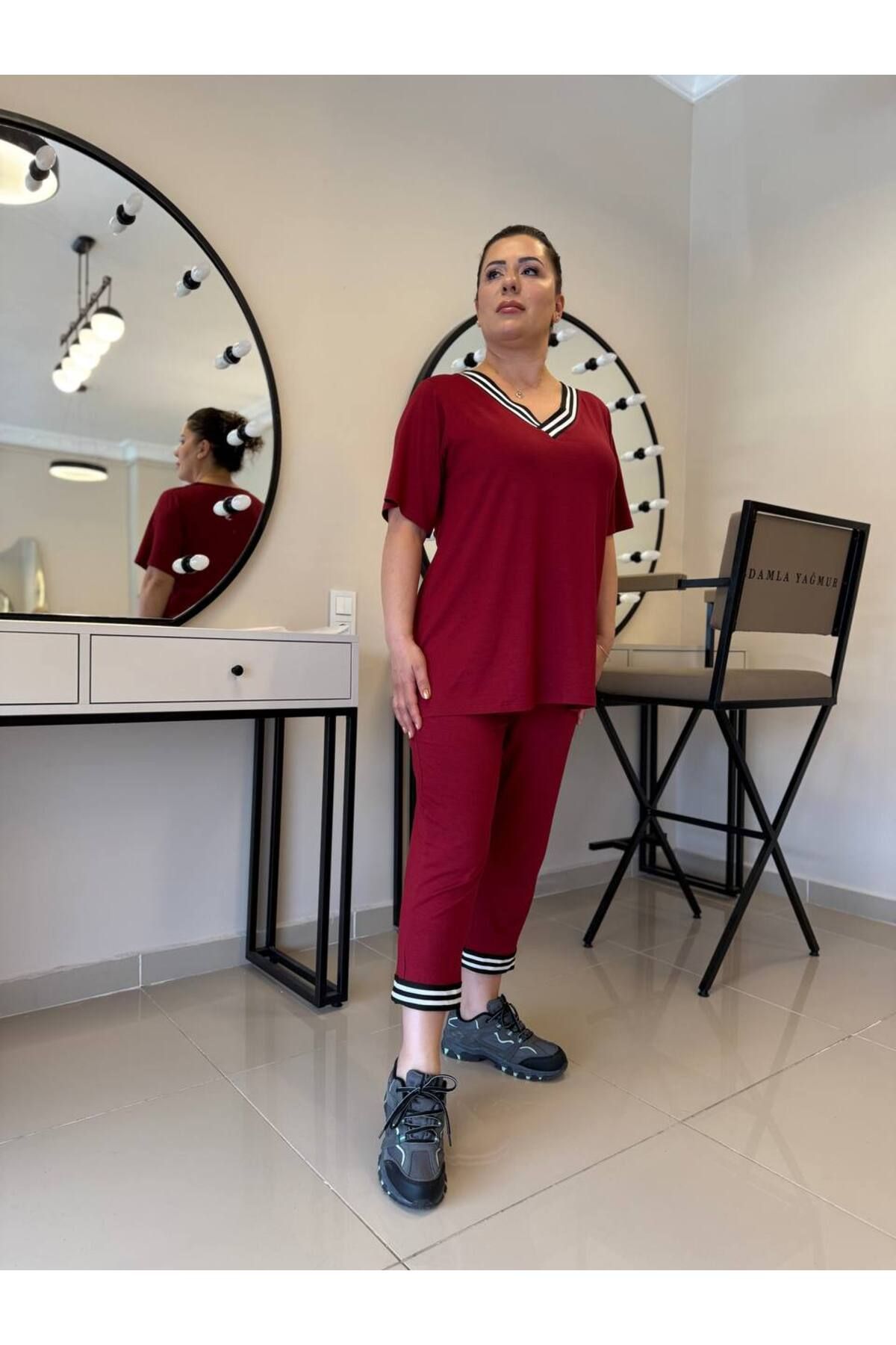 garajmood-Burgundy Stripe Detailed Large Size Bottom-Top Set with Pockets 6