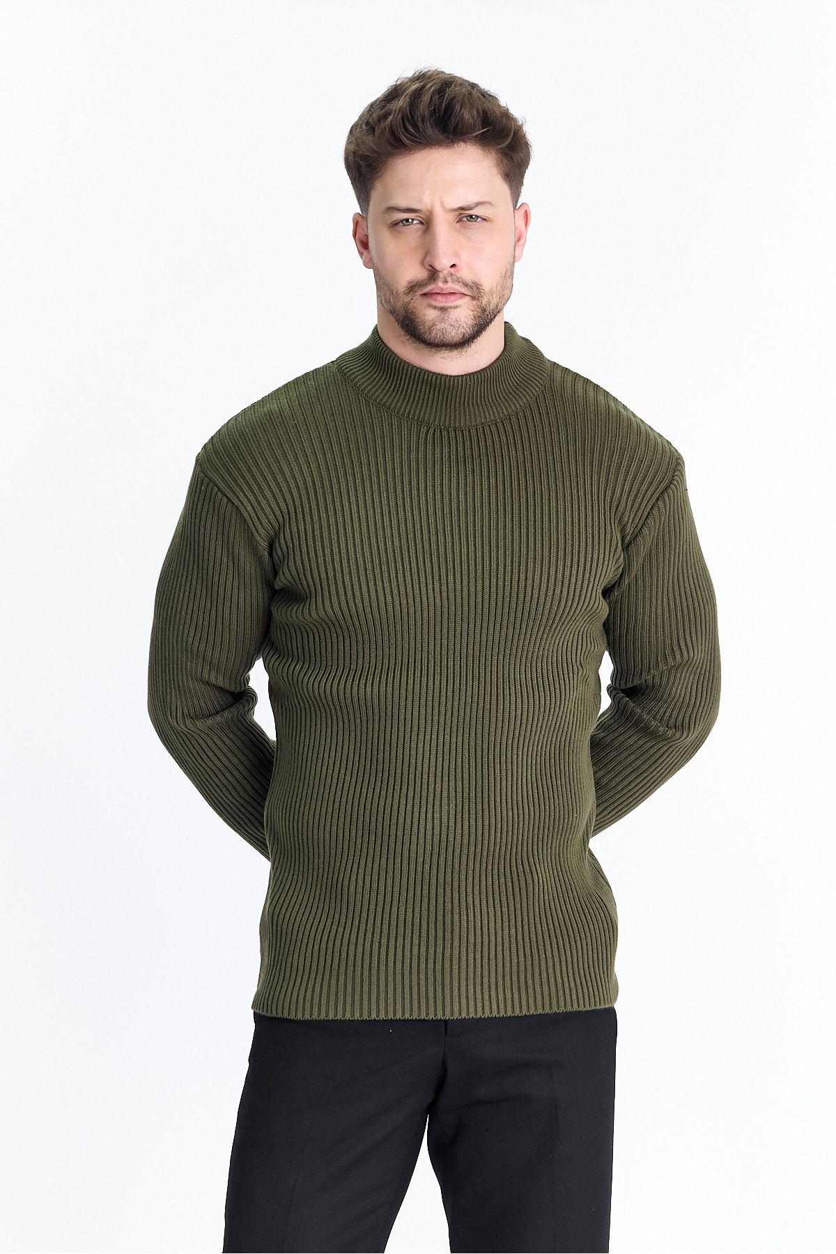 THE RULE-Men's Khaki Half Turtleneck Ribbed Patterned Non-Pilling Regular Fit Knitwear Sweater 2