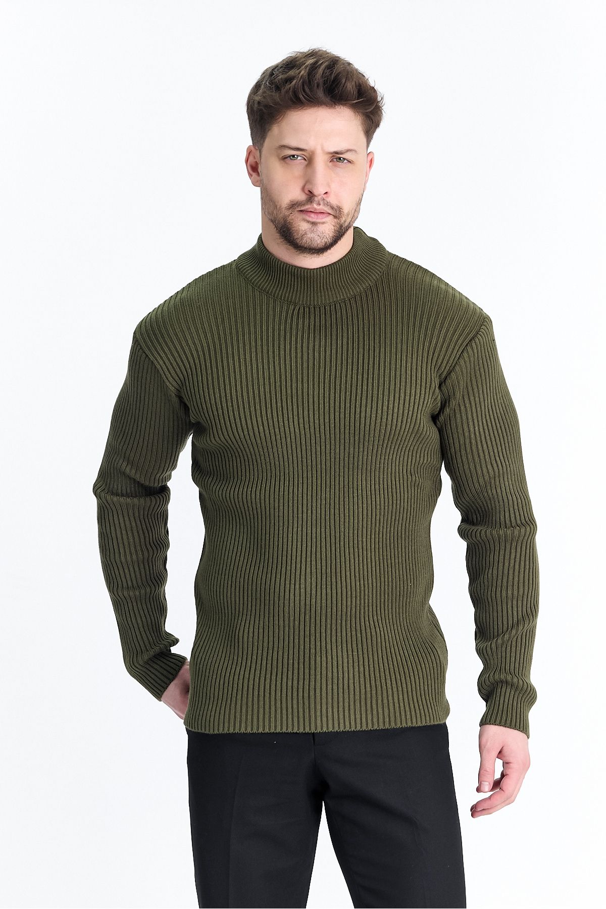 THE RULE-Men's Khaki Half Turtleneck Ribbed Patterned Non-Pilling Regular Fit Knitwear Sweater 5