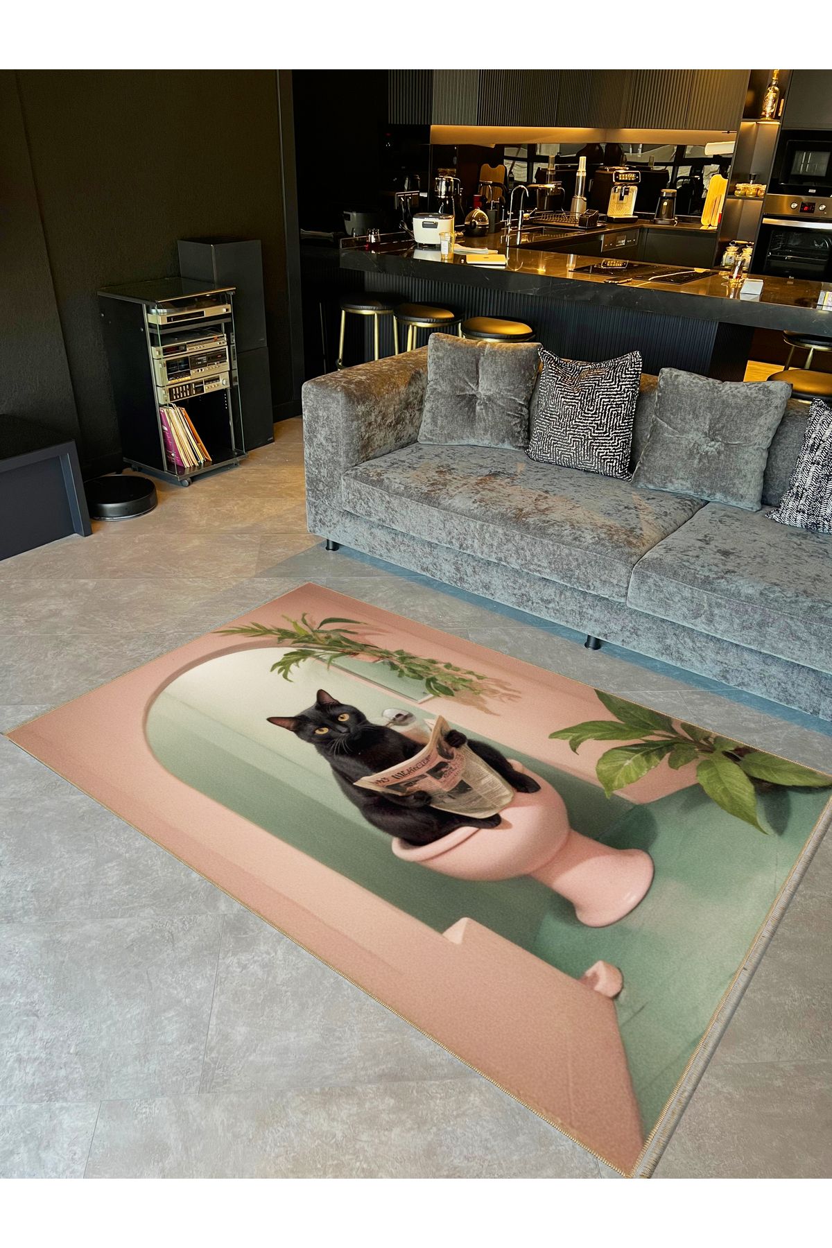 Rugs Modern Halı Semih Koleksiyonu Pembe Tema Klozetteki Siyah Kedi Desenli Dokuma Taban Modern Dekoratif Halı 26