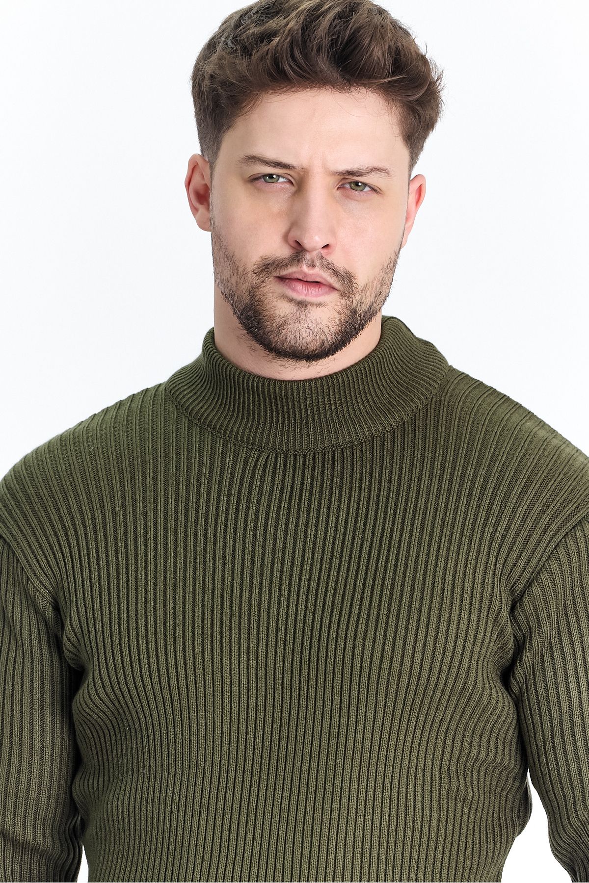 THE RULE-Men's Khaki Half Turtleneck Ribbed Patterned Non-Pilling Regular Fit Knitwear Sweater 3