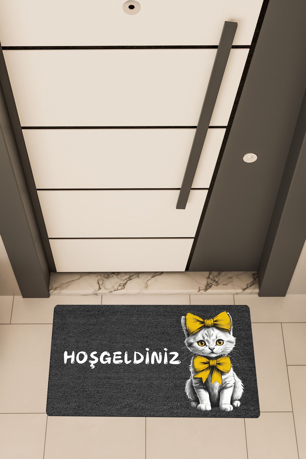 Dormot Home Yüksek Kaliteli Dijital Baskı Siyah, Sarı Fiyonklu Kedi temalı Kapı Önü Paspası