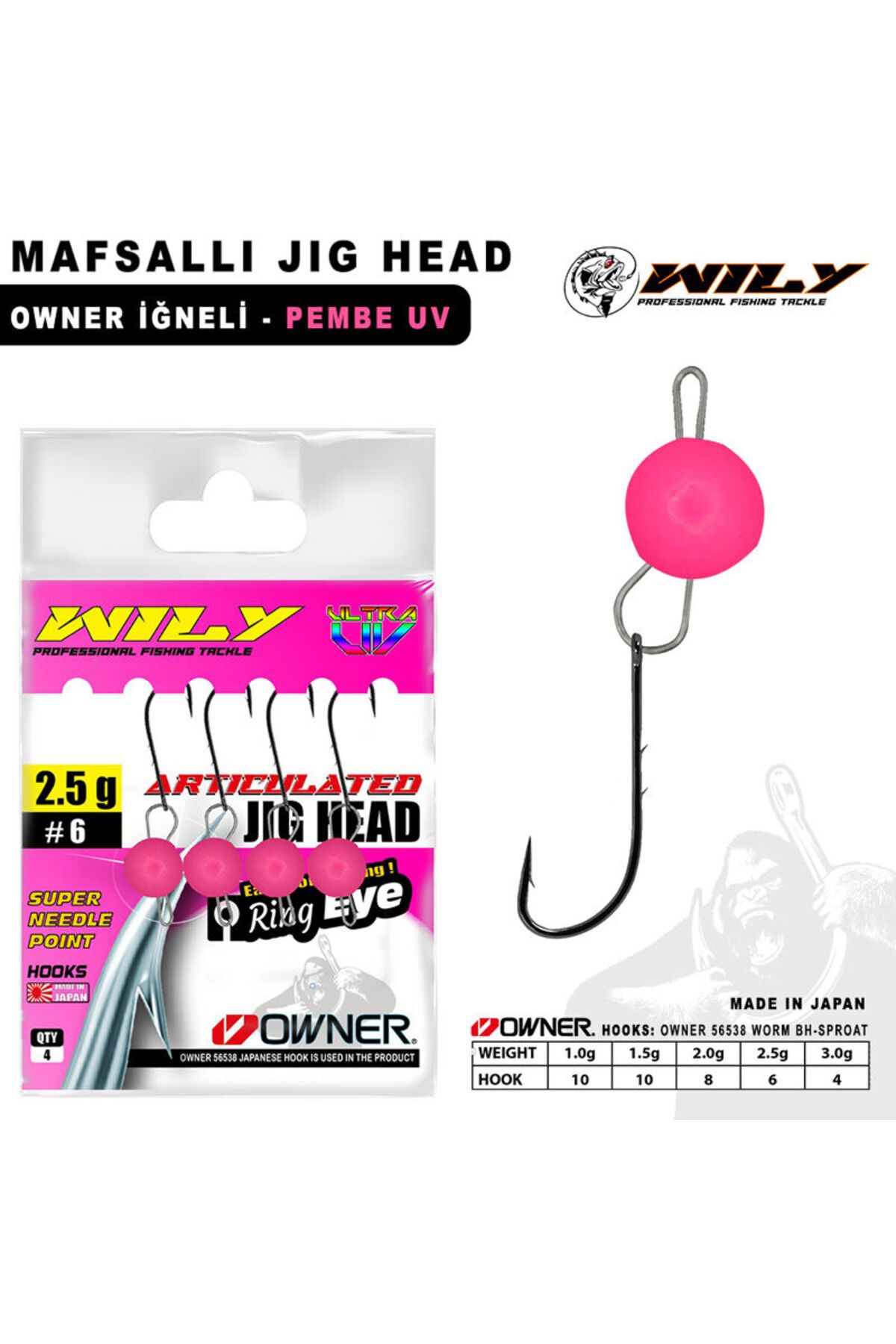 Wily Jig Head Mafsallı Owner Iğneli - Pembe Uv