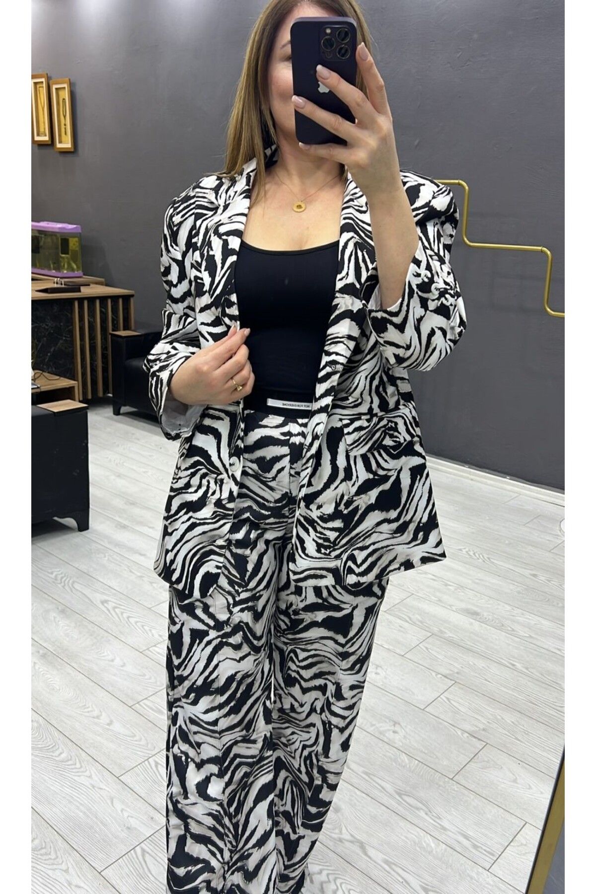 Marka Zebra Desen Blazer Ceket Pantolon Takım