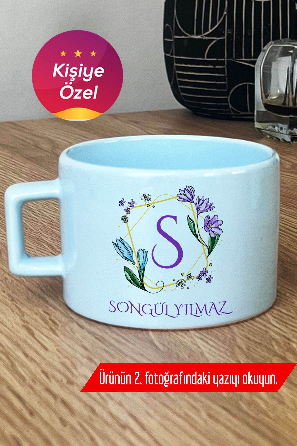 Hedizu Kişiye Özel Çiçekli S Harfli Pastel Fincan Mavi İsim Soyisim Yazılı E8E O5D