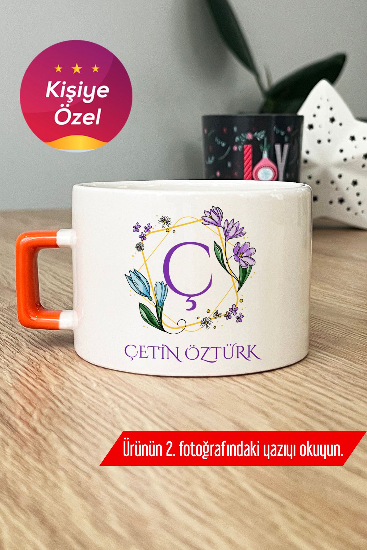 Hedizu Kişiye Özel Çiçekli Ç Harfli Lüks Fincan Turuncu İsim Soyisim Yazılı H1D M7S