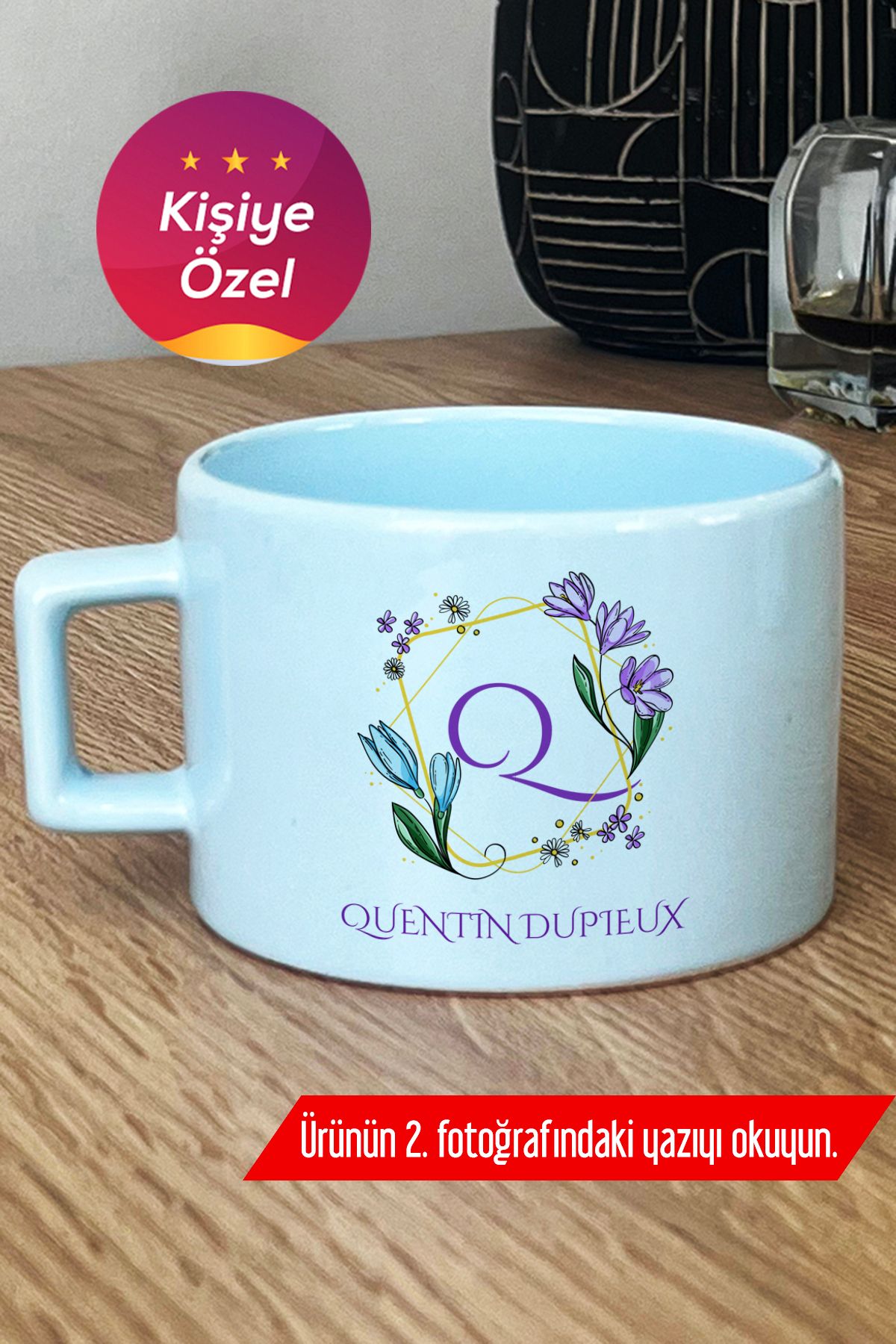 Hedizu Kişiye Özel Çiçekli Q Harfli Pastel Fincan Mavi İsim Soyisim Yazılı L3U N2D