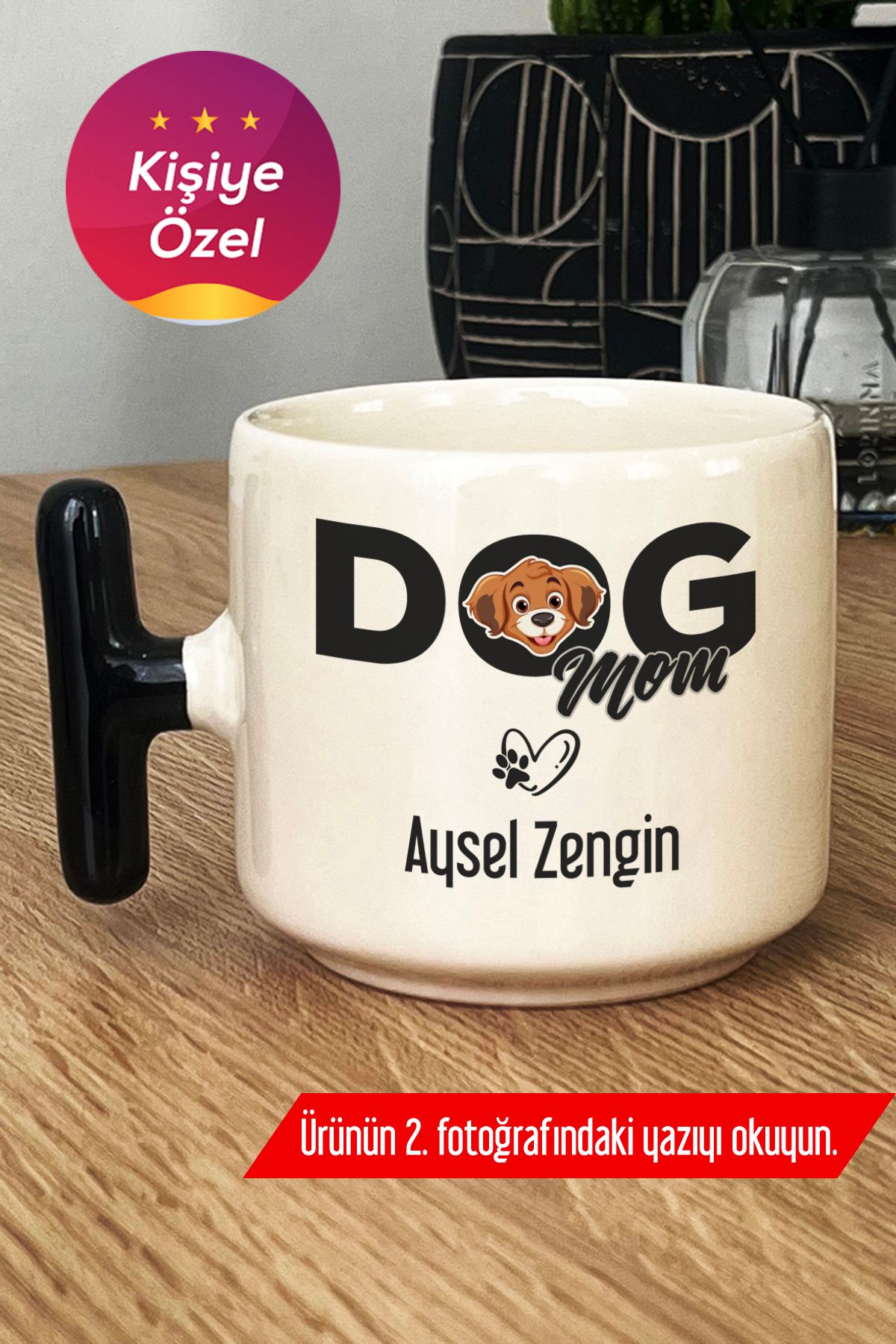 Hedizu Kişiye Özel Dog Mom Kupa Bardak T Kulplu Siyah Köpek Annesi G5V P8V