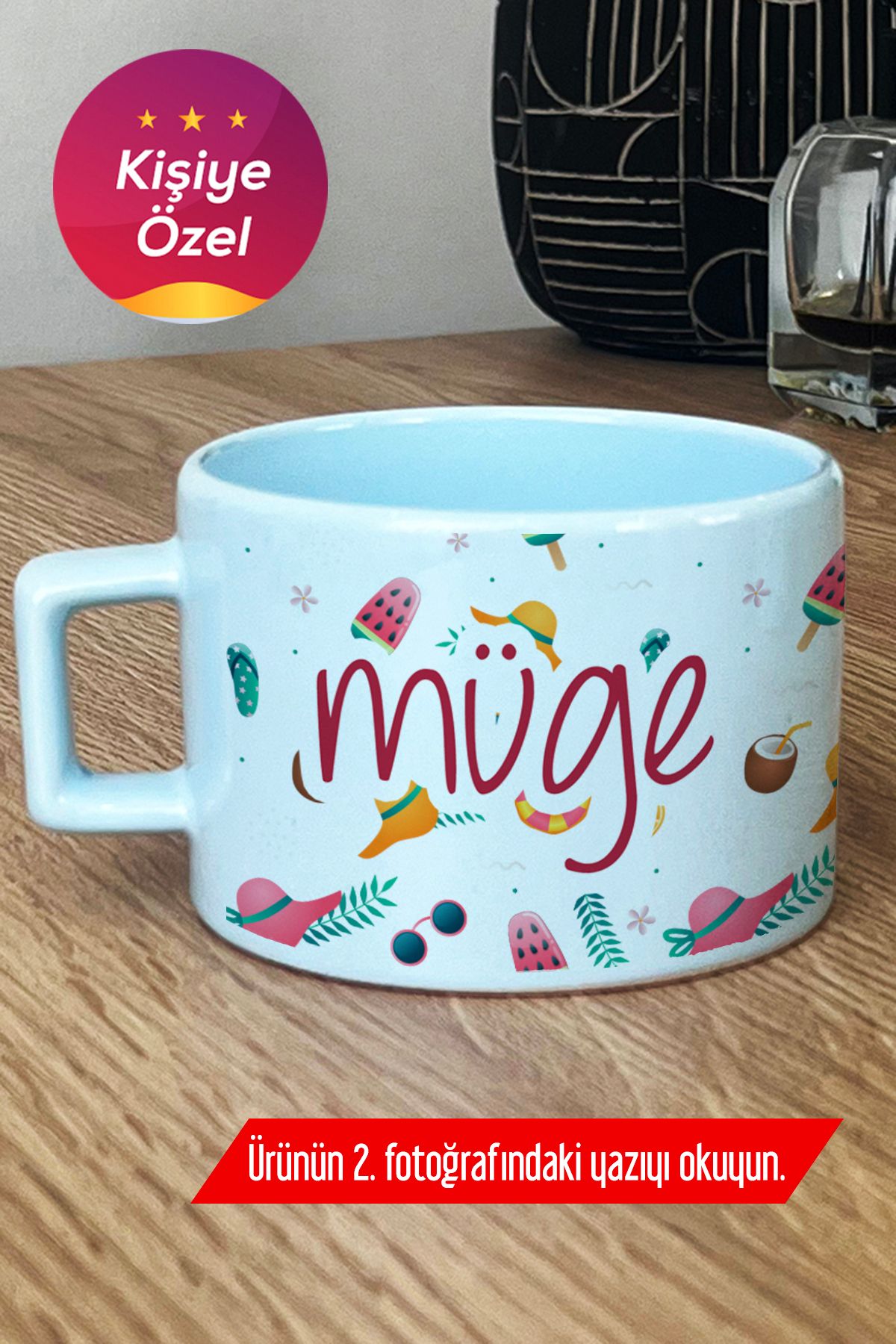 Hedizu Kişiye Özel İsme Özel Pastel Fincan Mavi Yaz Temalı Desenli -2- P6K E9M