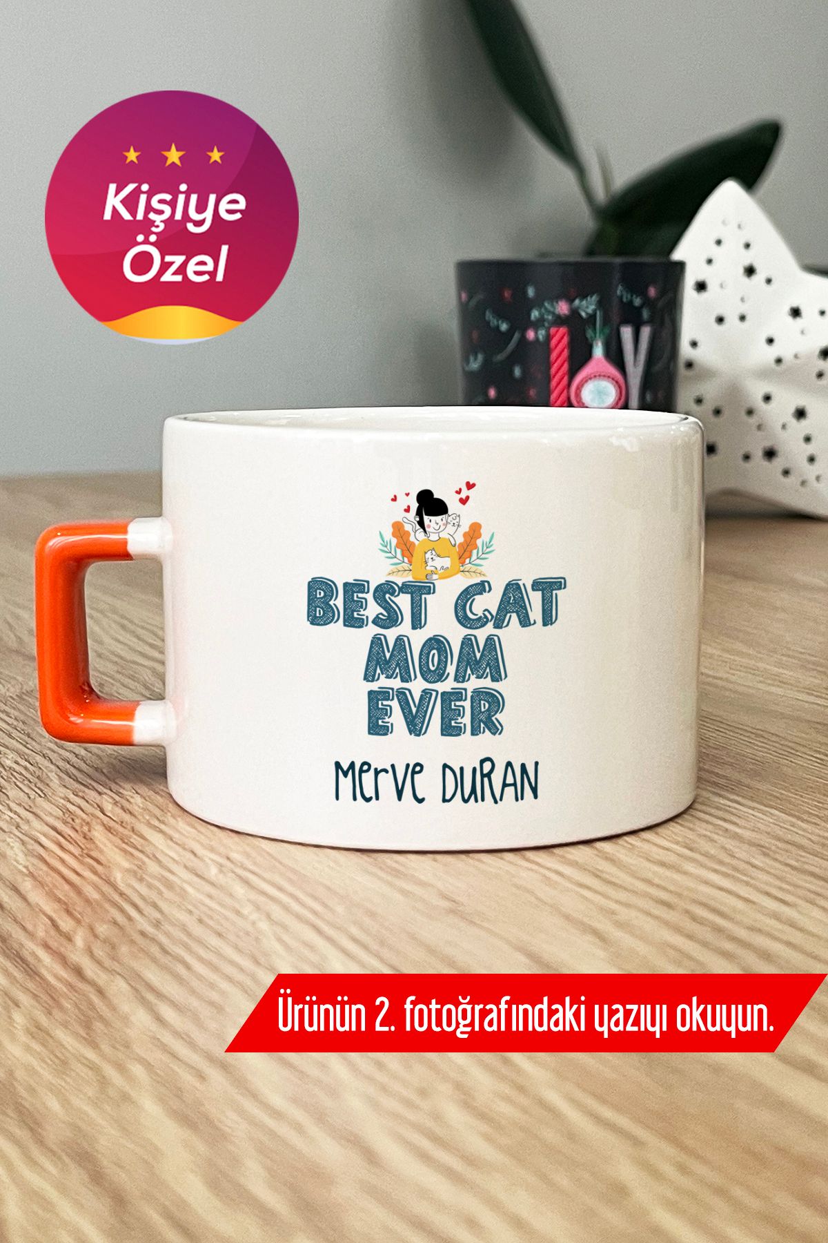 Hedizu Kişiye Özel Best Cat Mom Ever Lüks Fincan Turuncu En İyi Kedi Annesi U3G L6Y