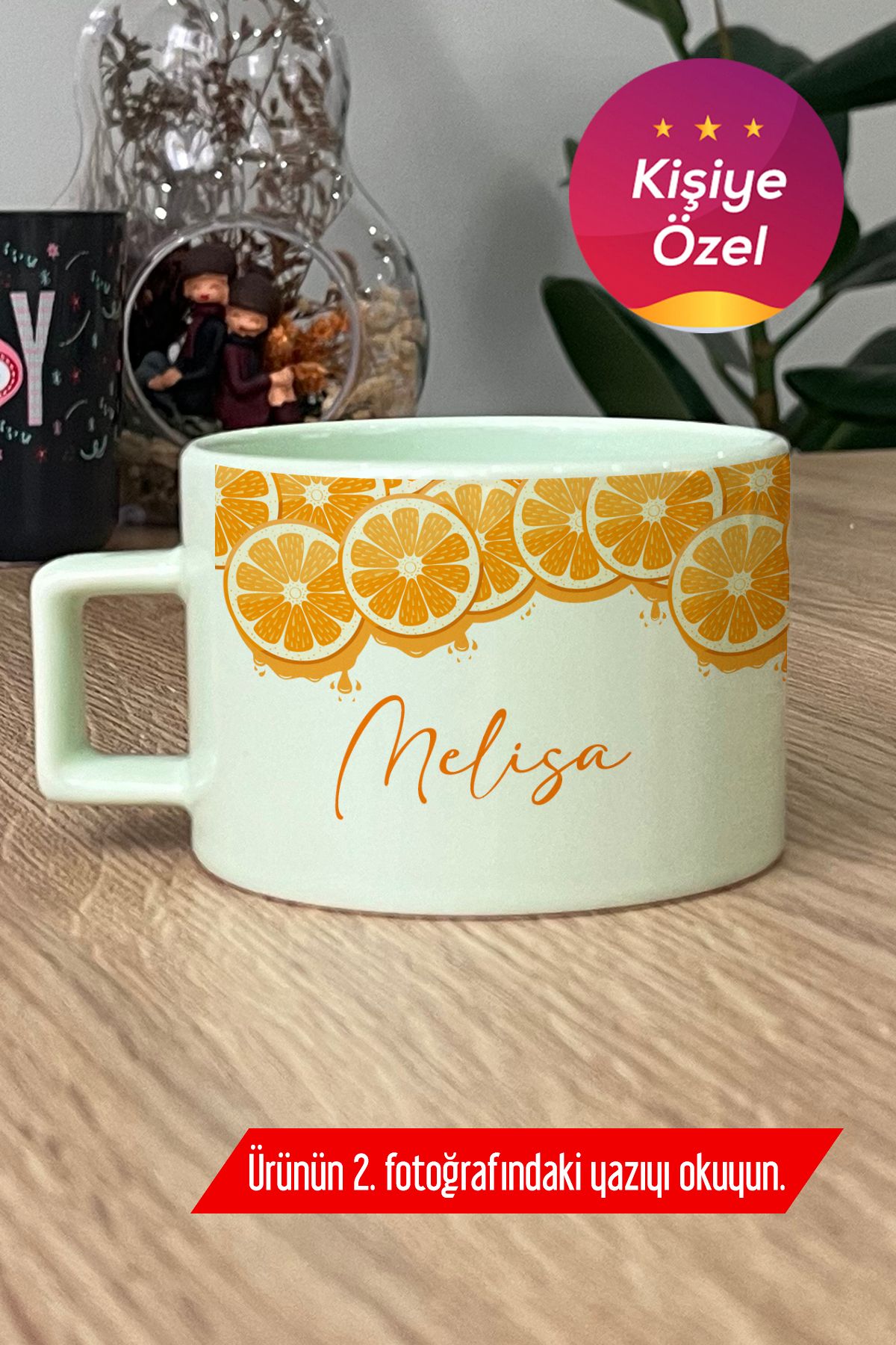 Hedizu Kişiye Özel İsim Yazılı Pastel Fincan Yeşil Meyveli Portakal Desenli P2Q V6U