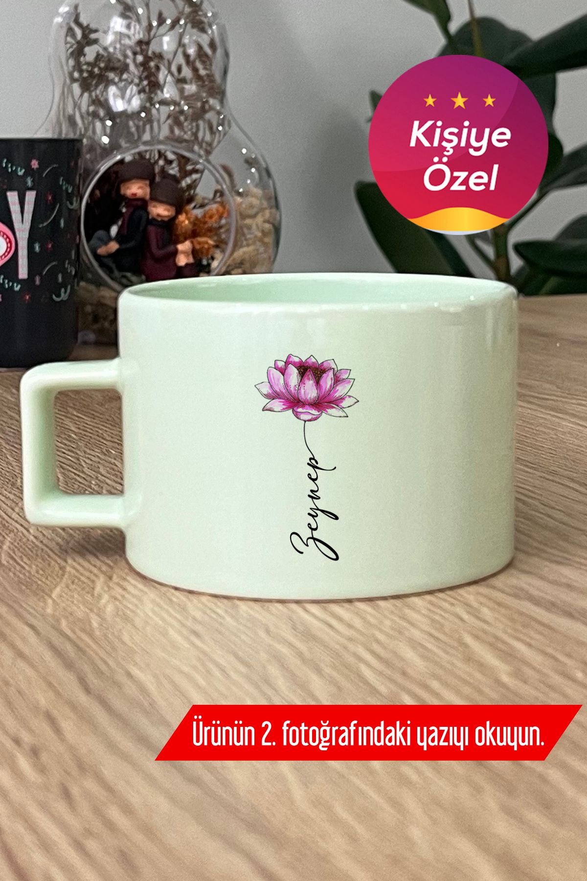 Hedizu Kişiye Özel Nilüfer ve İsim Yazılı Pastel Fincan Yeşil Çiçek Desenli C4E C9M