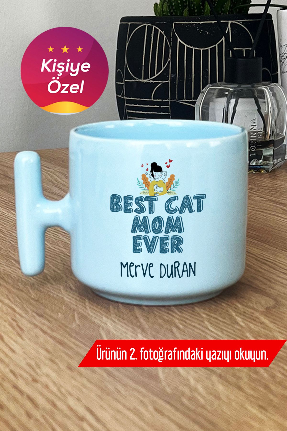 Hedizu Kişiye Özel Best Cat Mom Ever Pastel T Kulplu Kupa Bardak Mavi En İyi Kedi Annesi B5D X4E