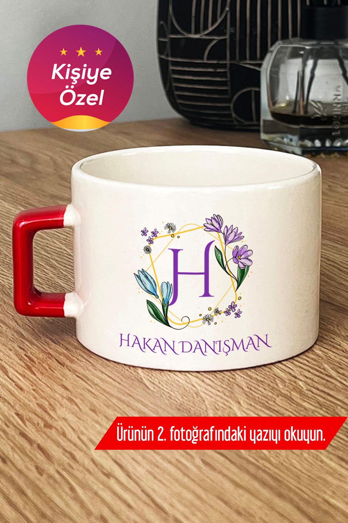 Hedizu Kişiye Özel Çiçekli H Harfli Lüks Fincan Kırmızı İsim Soyisim Yazılı İ8C L1D