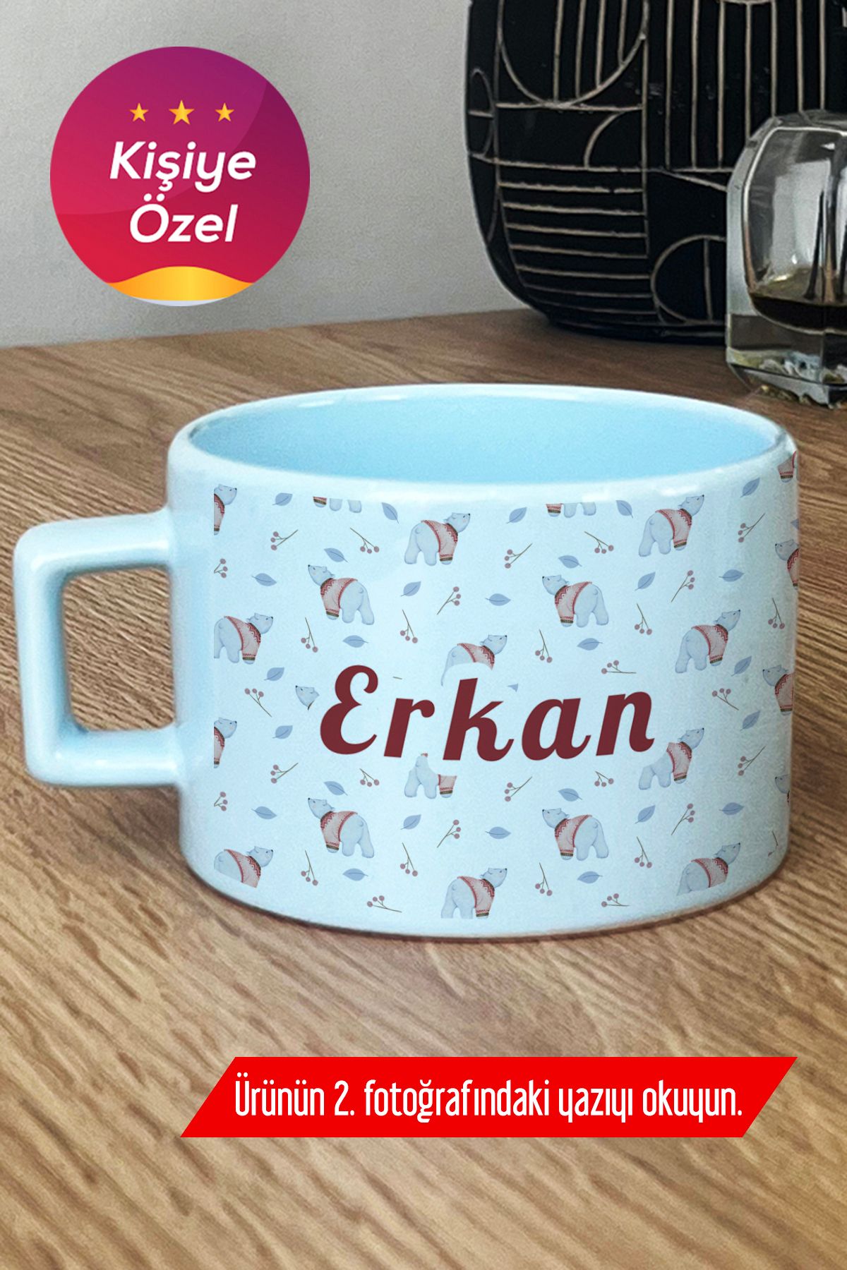 Hedizu Kişiye Özel Tatlı Ayıcık Desenli Pastel Fincan Mavi Arkadaşa Hediye Y0C R9U