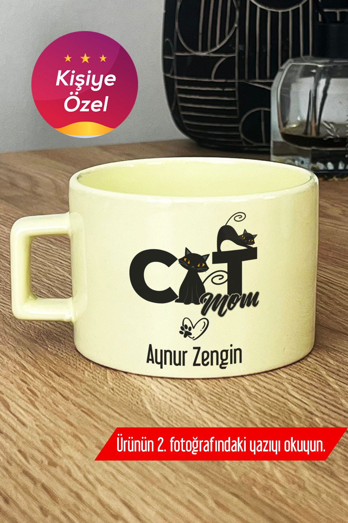 Hedizu Kişiye Özel Cat Mom Pastel Fincan Sarı Kedi Annesi H7U S4N