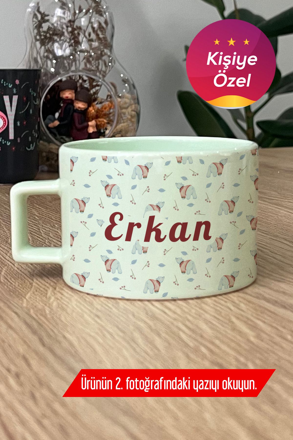 Hedizu Kişiye Özel Tatlı Ayıcık Desenli Pastel Fincan Yeşil Arkadaşa Hediye R4R F0J