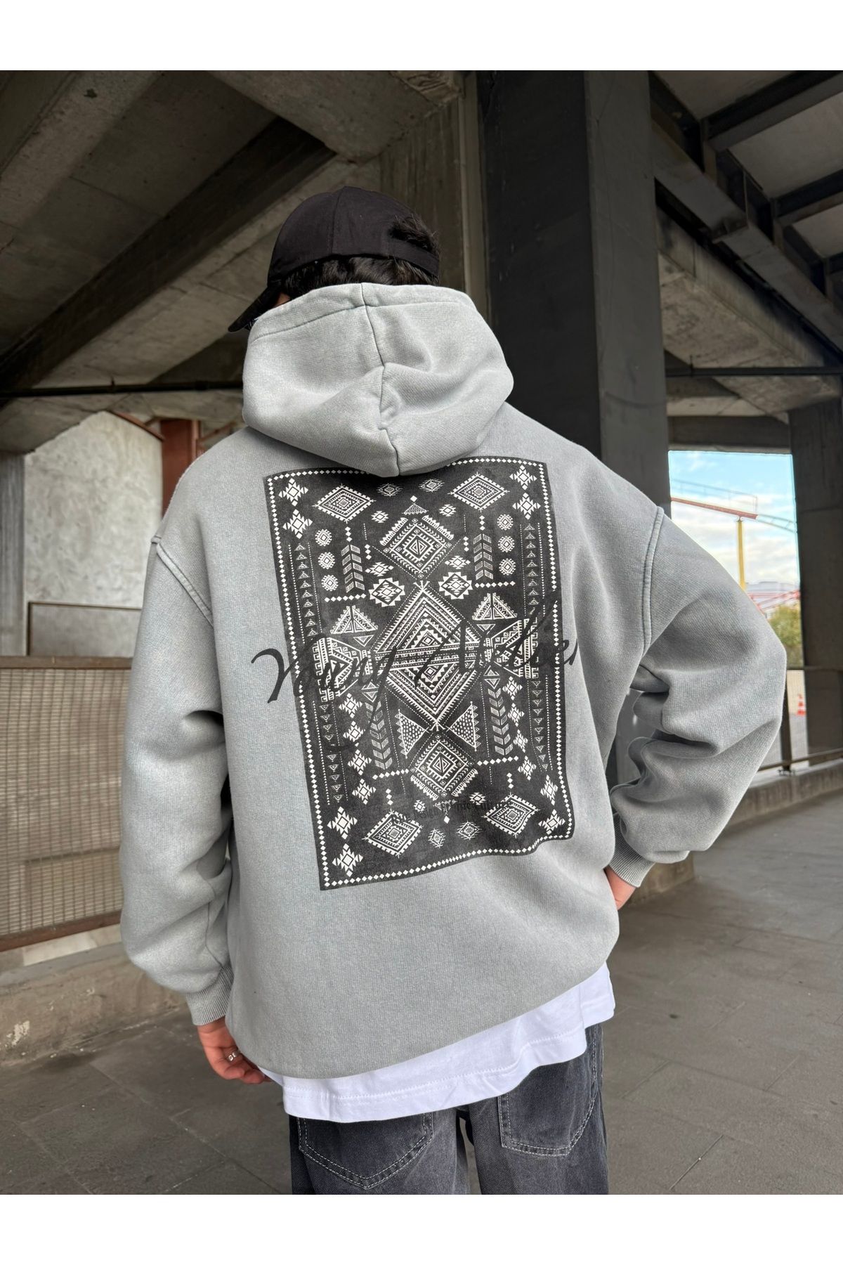 No362 Halı Desen Patchli Yıkamalı Premium Hoodie Sweatshirt Gri