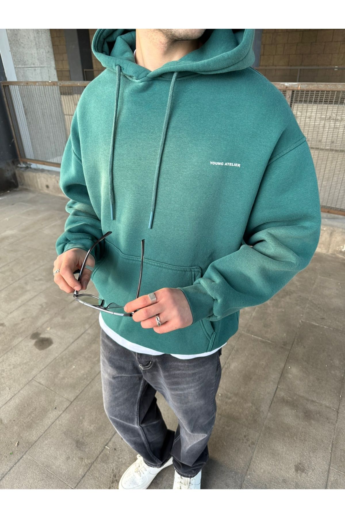 No362 Erkek Oversize Premium Yıkamalı Baskılı Hoodie Petrol Yeşili