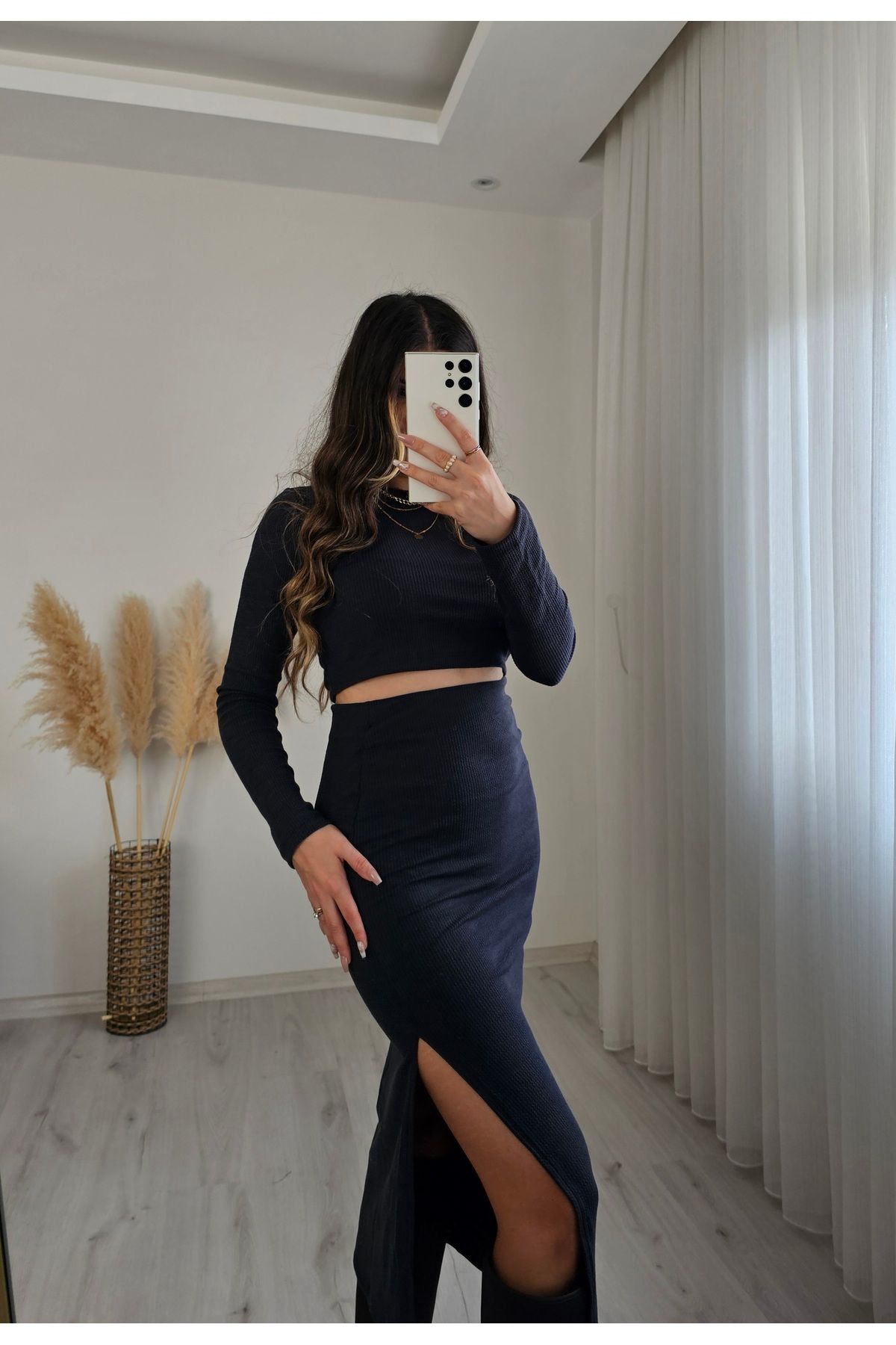 inci boutique Lacivert Yırtmaçlı Uzun Etek Crop Alt Üst Takım