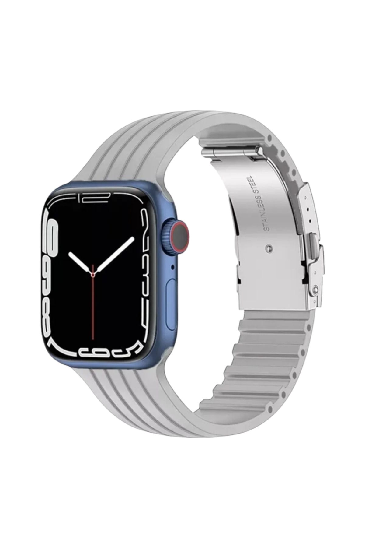 FirstModel Apple Watch ( Seri 10 - 42 mm Uyumlu) Metal Klipsli Çizgili Silikon Kordon Gri